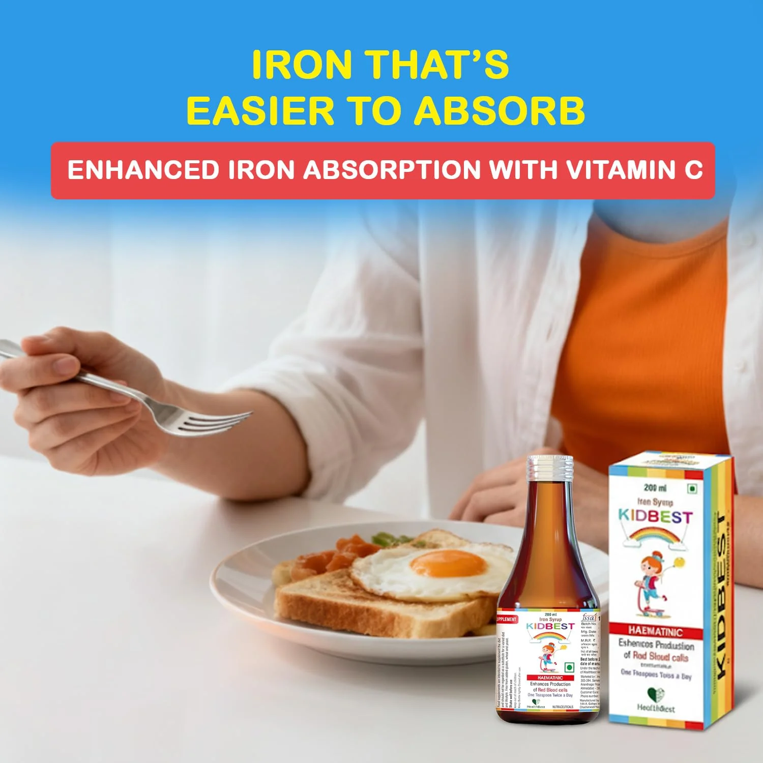 HealthBest Liquid Iron Syrup for Kids – Triple Action with Folic Acid and Zinc – Boosts Hemoglobin, Appetite, and Immunity – No Metallic Taste – 200ml Liquid Supplement, Safe & Effective - Image 4