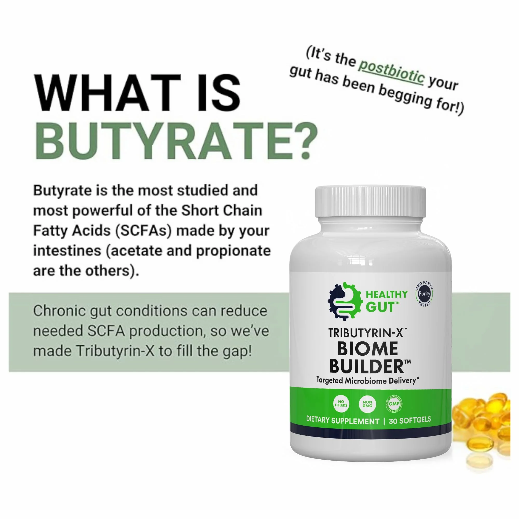 Healthy Gut Tributyrin-X | Most Bioavailable Butyrate Postbiotic for Gut Health & Leaky Gut Support | 99% Pure w/Zero Odor | 30 Softgels - Image 5