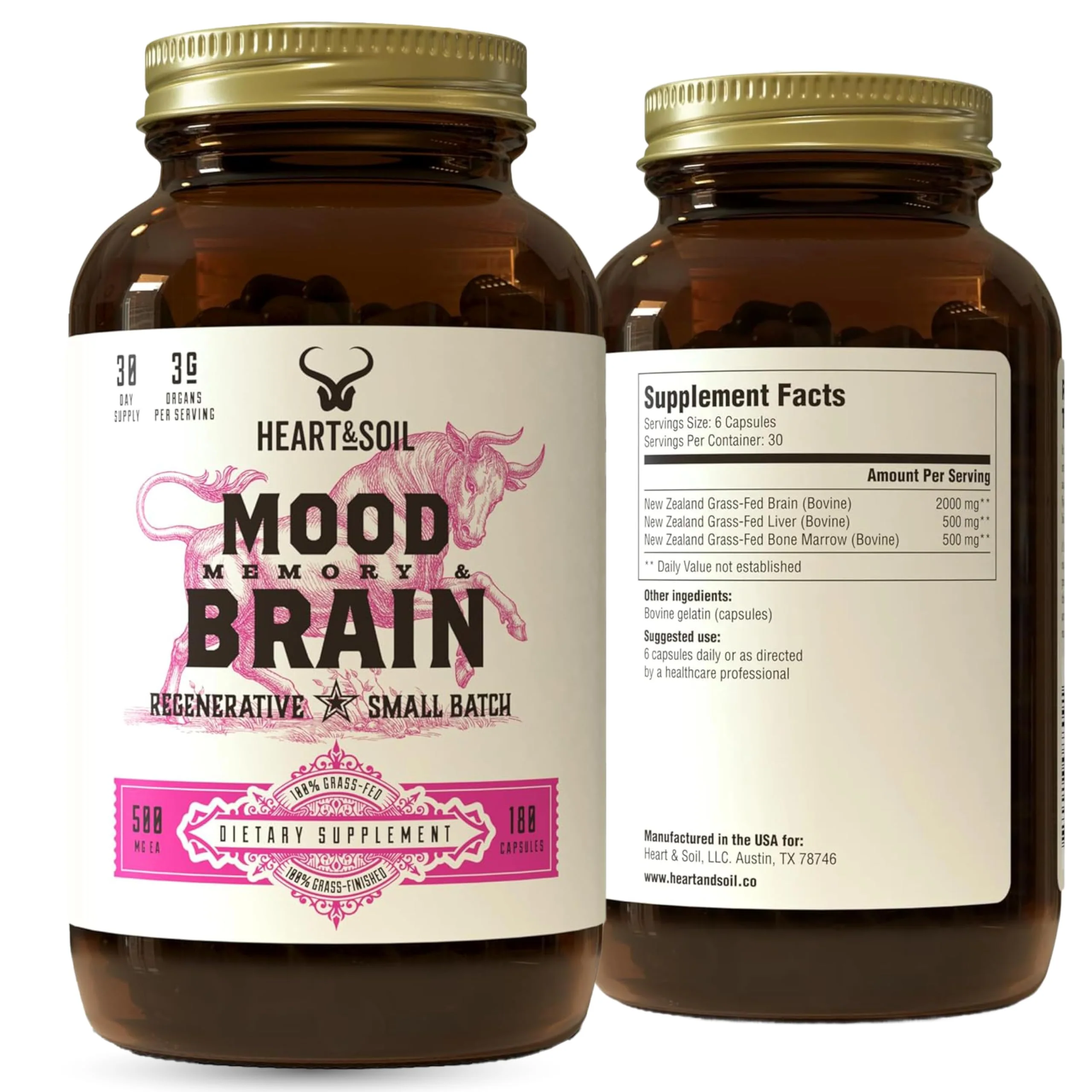 HEART & SOIL – 100% Grass Fed & Finished Beef Brain Supplement from Regenerative Cattle – for Cognitive Function & Memory – 3000mg Focus Supplement with Beef Organs – Glass Bottle – 180 Capsules - Image 2