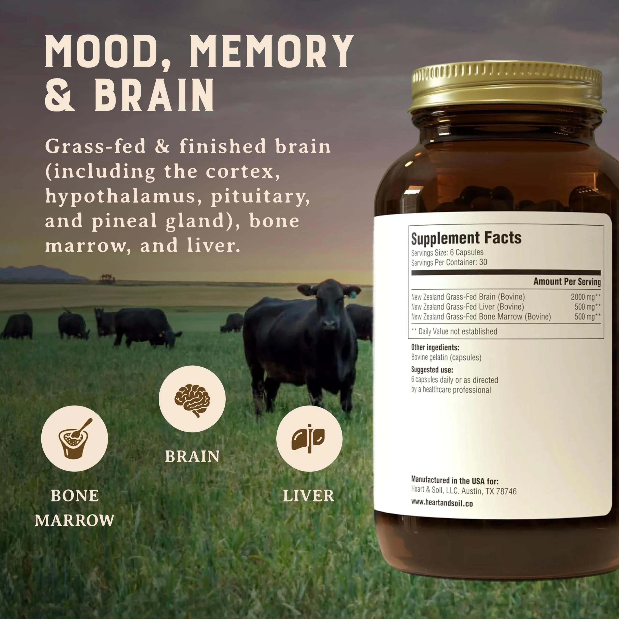 HEART & SOIL – 100% Grass Fed & Finished Beef Brain Supplement from Regenerative Cattle – for Cognitive Function & Memory – 3000mg Focus Supplement with Beef Organs – Glass Bottle – 180 Capsules - Image 9
