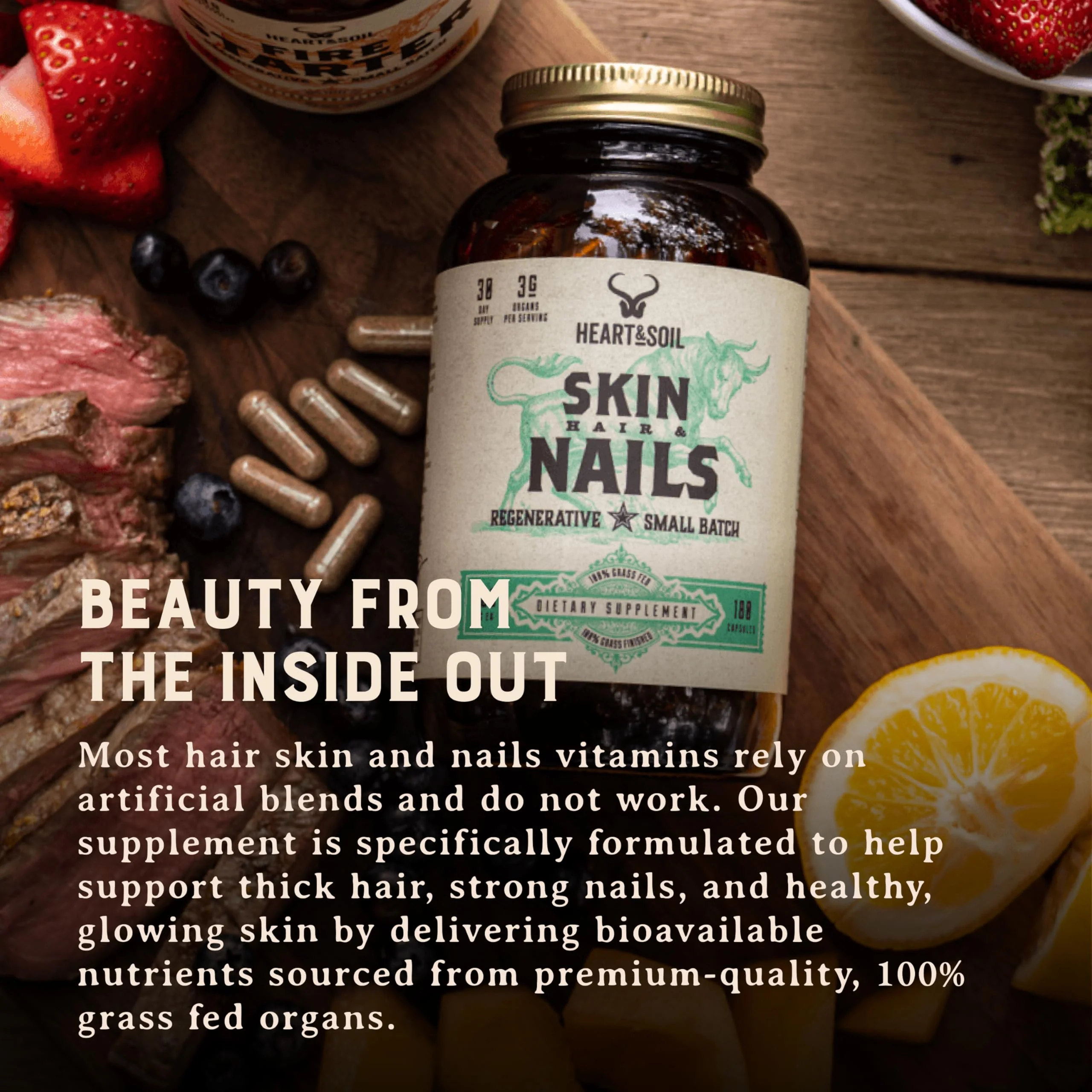Heart & Soil – 100% Grass Fed & Finished Hair Skin and Nails Supplement from Regenerative Cattle with Cartilage, Liver, & Bone Marrow – 3000mg Beef Organs for Women & Men – Glass Bottle – 180 Capsules - Image 5