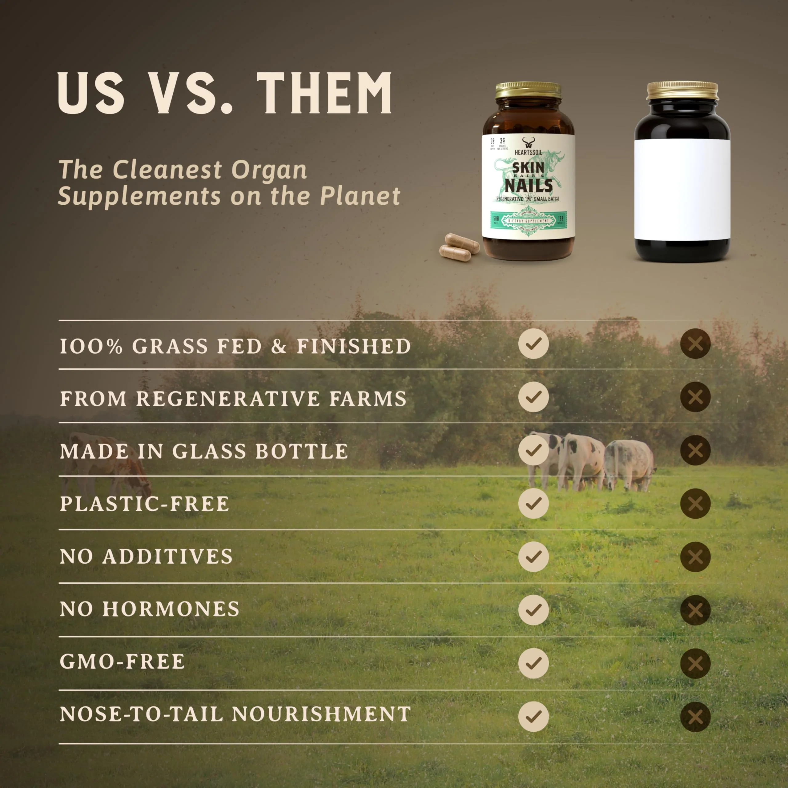 Heart & Soil – 100% Grass Fed & Finished Hair Skin and Nails Supplement from Regenerative Cattle with Cartilage, Liver, & Bone Marrow – 3000mg Beef Organs for Women & Men – Glass Bottle – 180 Capsules - Image 6