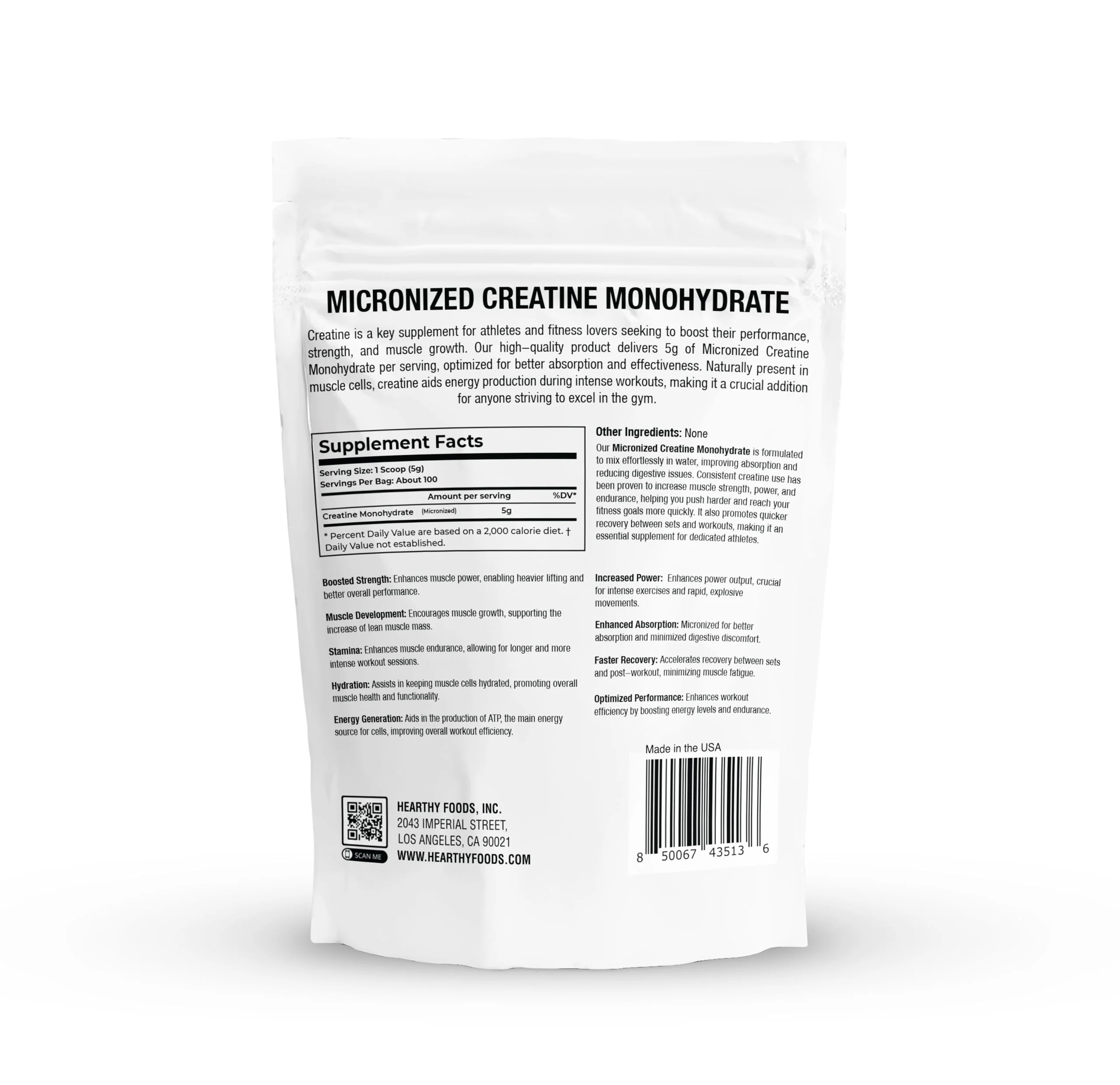 HEARTHY FOODS Creatine Monohydrate Micronized Powder 500G - 100 Servings, 5000mg Per Serving (5g) - for Men & Women Muscle Growth & Recovery - UNFLAVORED - Image 2