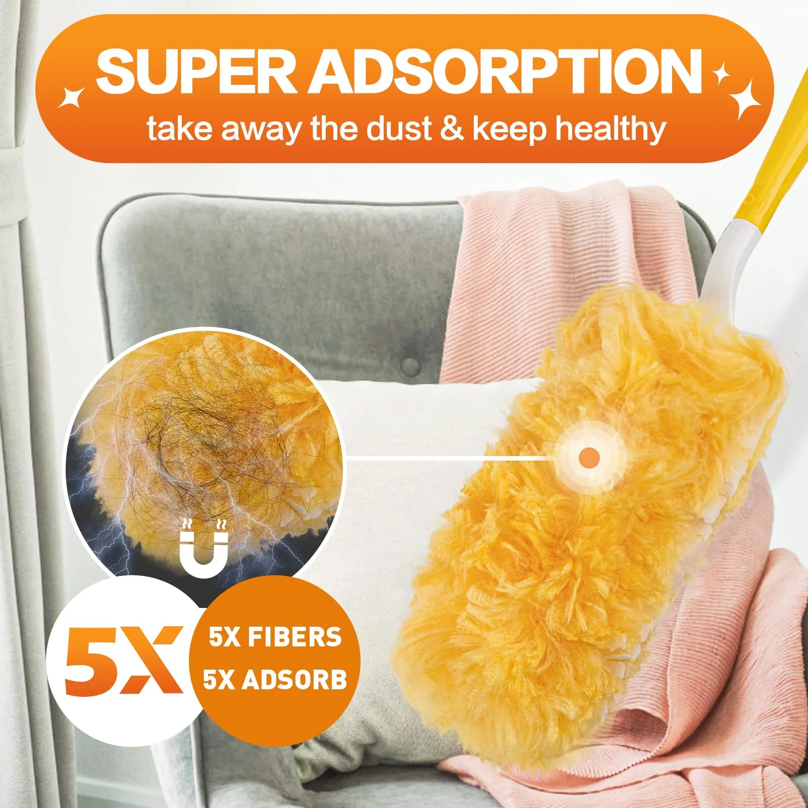 Heavy Duty Duster Refills, Disposable Dusters Kit for Cleaning Dusting Furniture Blind Ceiling Fan, Multi Surface 360 Feather Duster(60)+3FT Extended Handle +1 Handle - Image 7