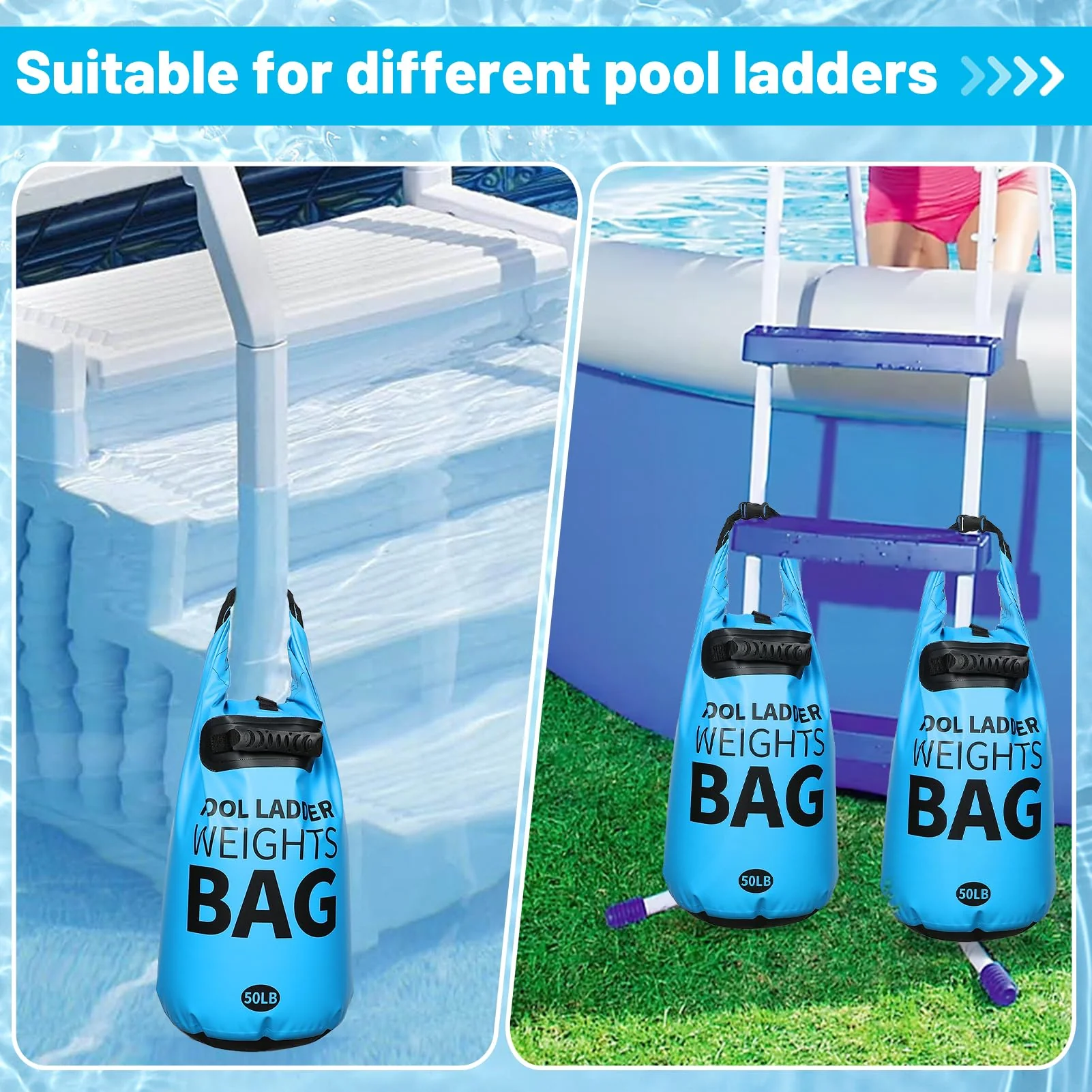Heavy Duty Pool Ladder Weights - 50lbs Sand Fillable Universal Sand Bags Step Anchors, 500D PVC Waterproof Tear-Resistance Foldable Sandbags for Above Ground Swimming Pools Stair Entry Systems, 2 Pack - Image 2
