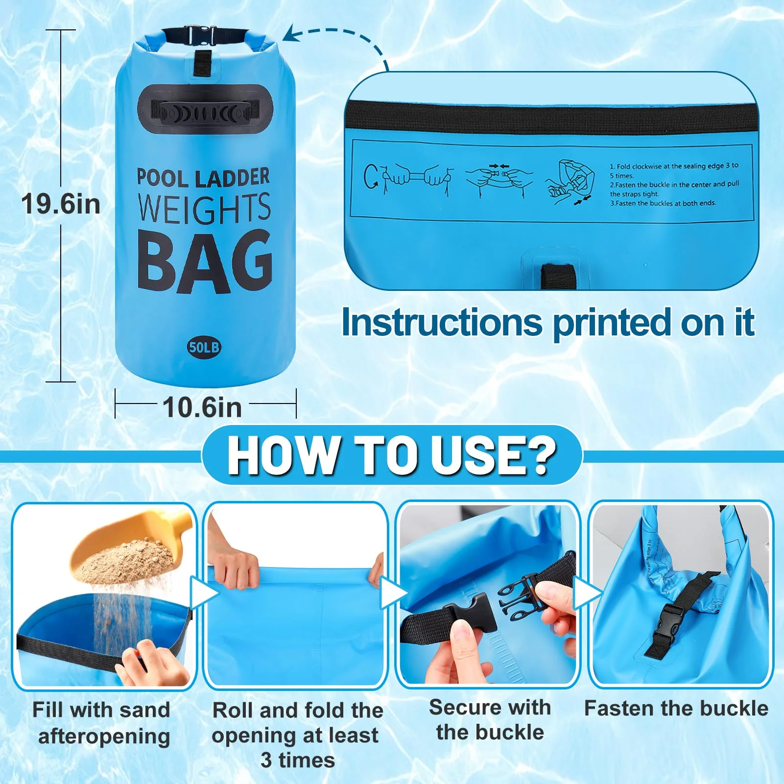 Heavy Duty Pool Ladder Weights - 50lbs Sand Fillable Universal Sand Bags Step Anchors, 500D PVC Waterproof Tear-Resistance Foldable Sandbags for Above Ground Swimming Pools Stair Entry Systems, 2 Pack - Image 3