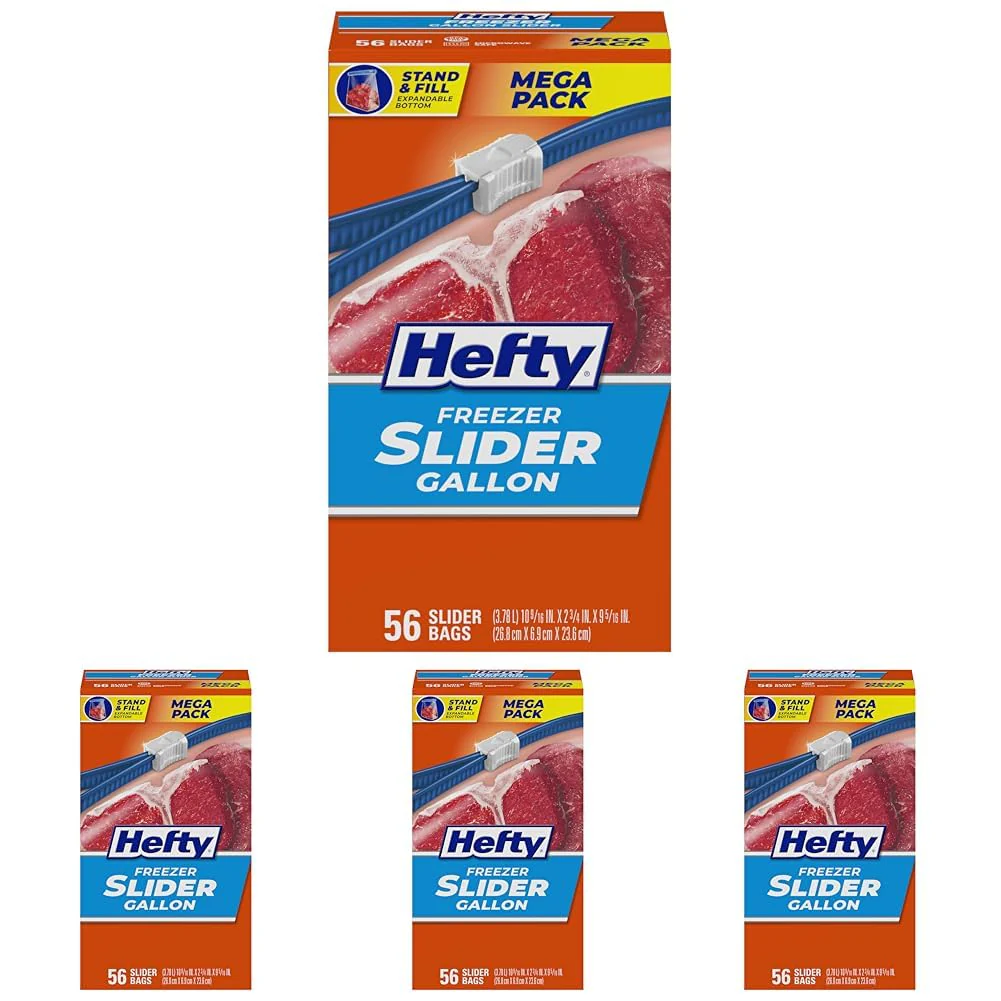 Hefty Slider Freezer Kitchen Storage Bags, Gallon Size, 56 Count (Pack of 4)
