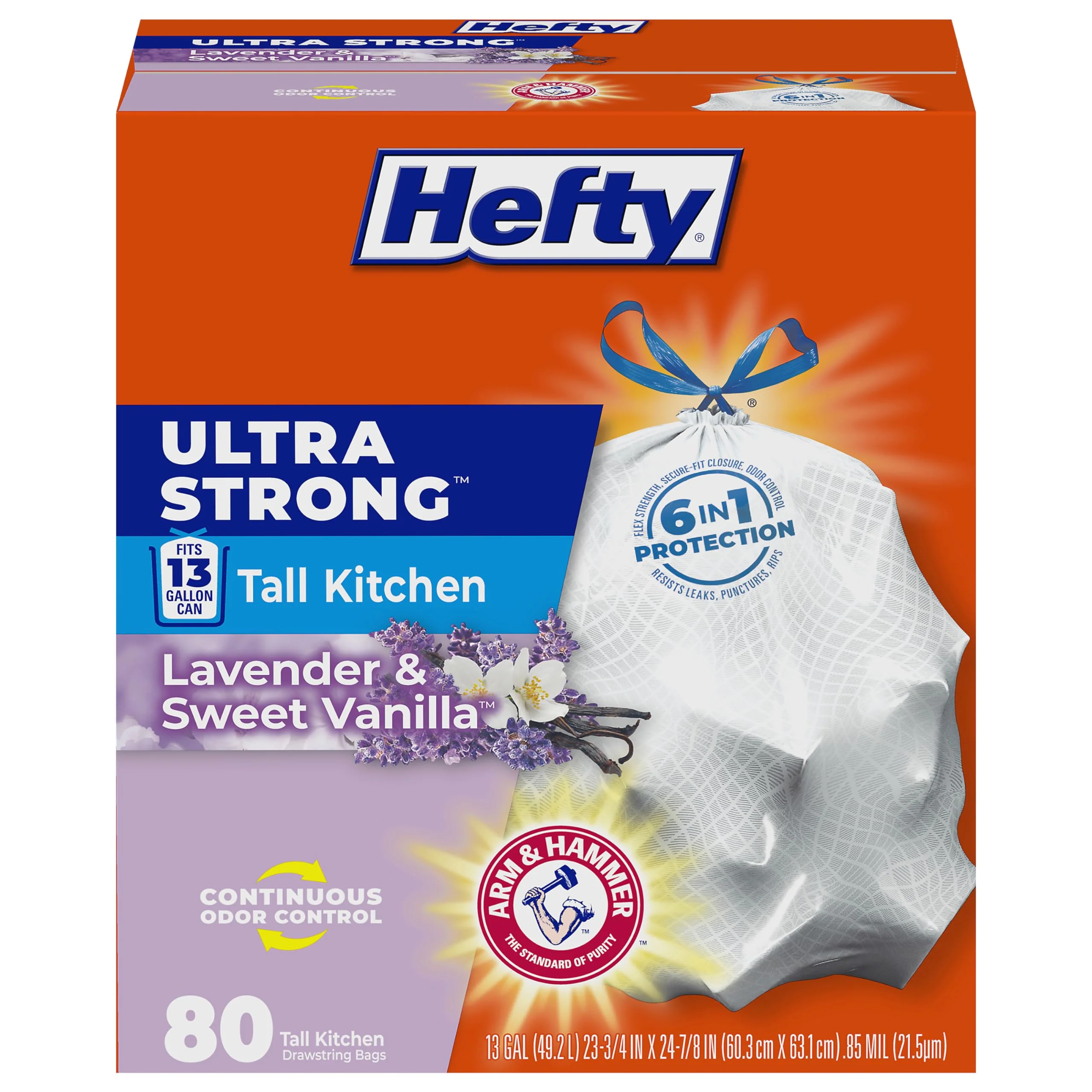 Hefty Ultra Strong 13 Gallon Trash Bags, Tall Kitchen Trash Bags 13 Gallon Size, Drawstring Closure, Continuous Odor Control, White, Lavender and Sweet Vanilla Scent, 80 Bags