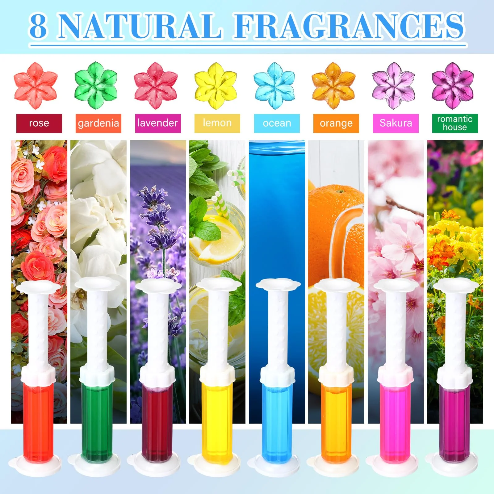 Heigble 16 Pcs Flower Toilet Gels 224 Count 8 Kinds Stamp Bowl Gel Scent Toilet Stain Removal Cleaner Air Freshener Flower Stamps Pack for Bathtubs Bathroom - Image 4