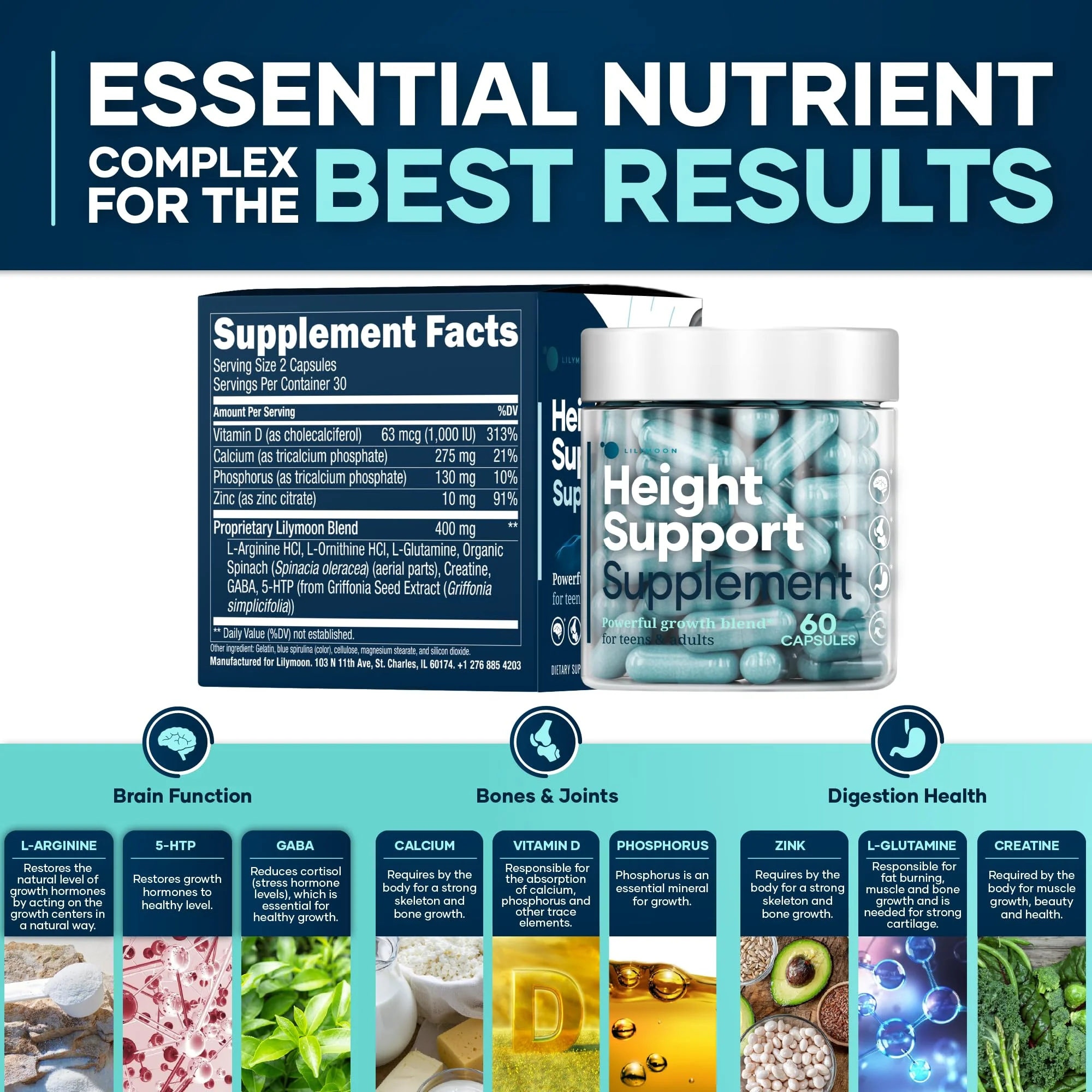 Height & Bone Support Supplement - Premium Height Growth Supplement for Kids & Teens with Calcium - Nutritional Support Bone Health Formula - Height Increase Essential Vitamins - 60 Caps - Image 3