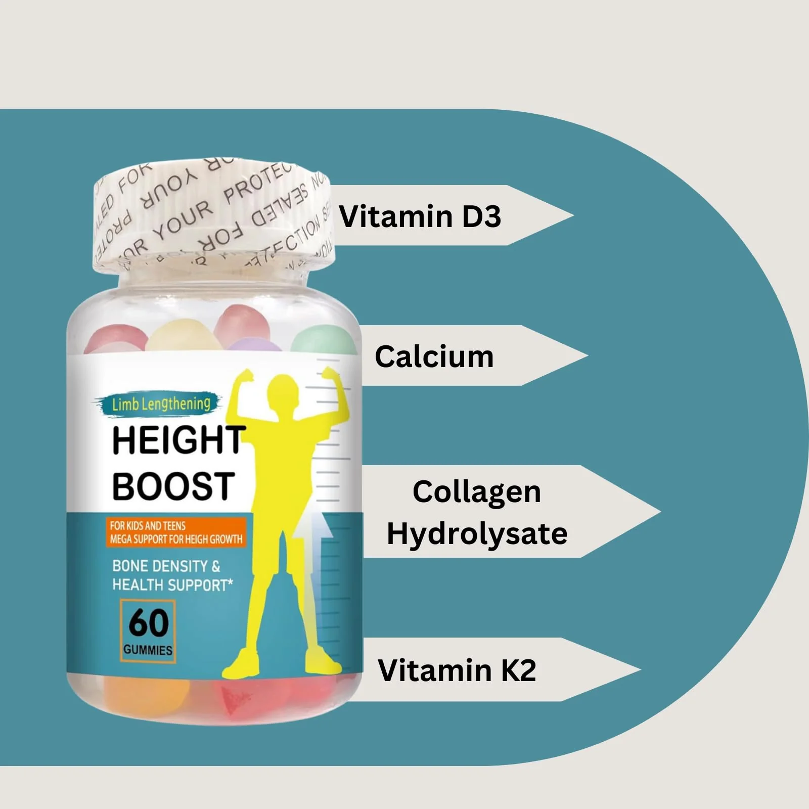 Height Boost Bone Growth Gummies for Kids & Teens – Natural Growth Support with Calcium, Vitamin D3, K2, Collagen Hydrolysate & Herbal Blend – Bone Strength & Height Supplement – 60 Gummies - Image 4