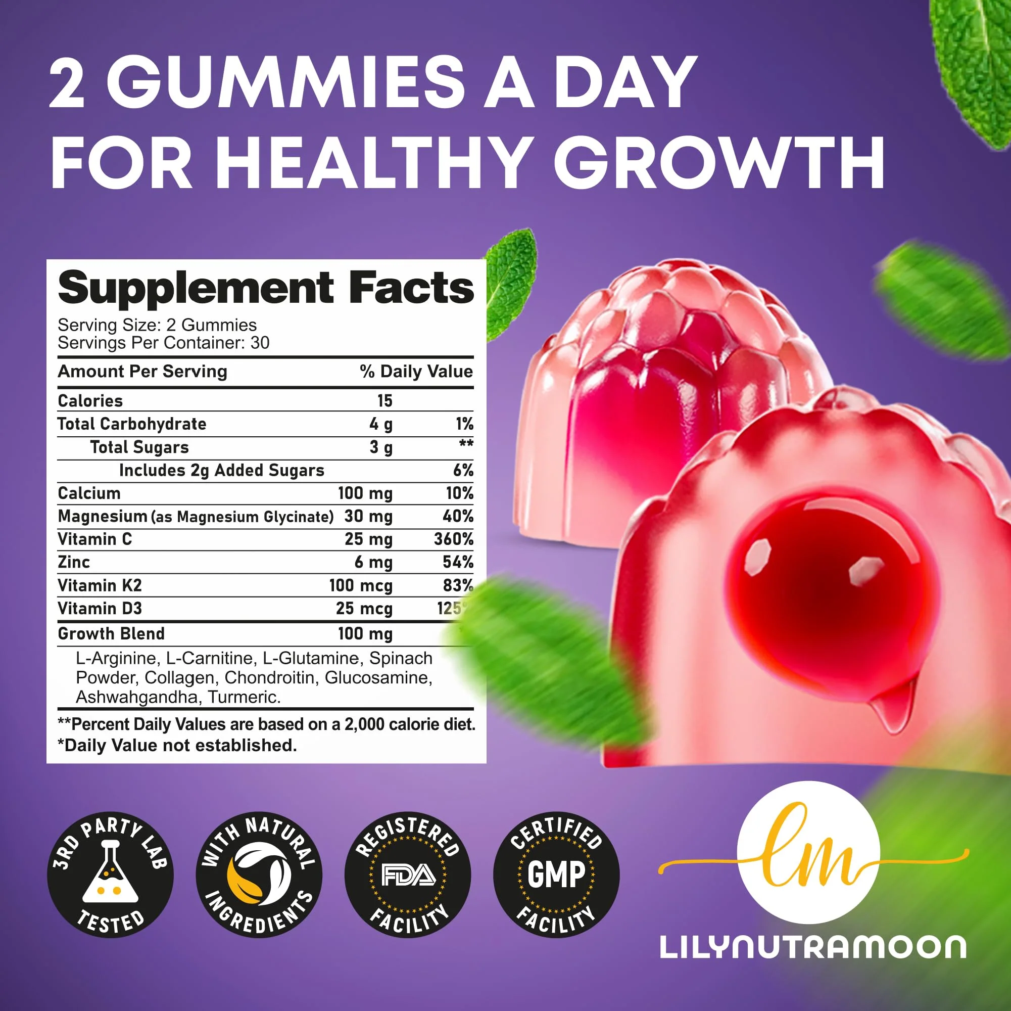 Height Growth Gummies for Kids & Teens - Calcium, Vitamin D3 + K2, Zinc, Magnesium, L-Arginine, Vitamin C - Multivitamin for Teen Boys & Girls - Grow Taller Supplement for Kids Height - 60 Gummies - Image 2