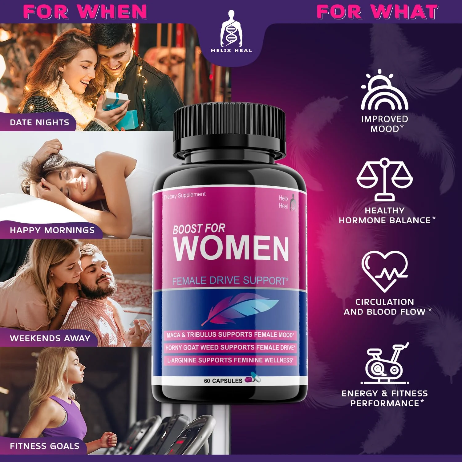 Helix Heal Libido Booster for Women Fast Acting with Horny Goat Weed - Female Desire Pills with Maca Root, Tribulus Terrestris, Ginseng and Hornygoatweed Women - Hormone Balance, Made in USA (60 ct) - Image 4