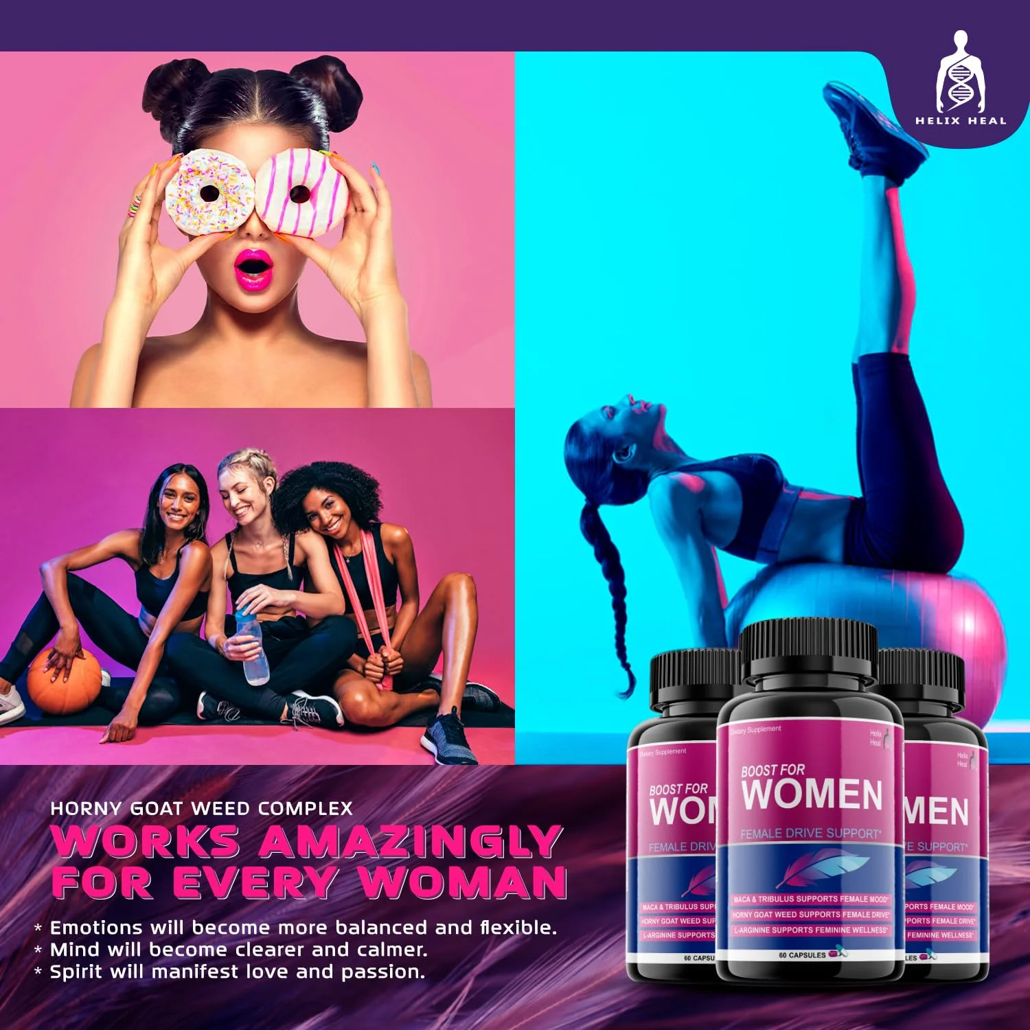 Helix Heal Libido Booster for Women Fast Acting with Horny Goat Weed - Female Desire Pills with Maca Root, Tribulus Terrestris, Ginseng and Hornygoatweed Women - Hormone Balance, Made in USA (60 ct) - Image 6