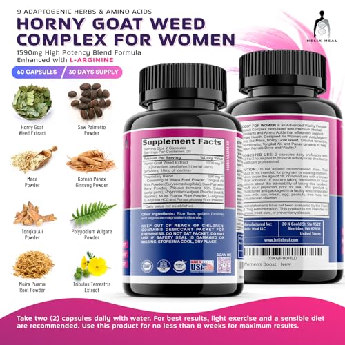 Helix Heal Libido Booster for Women Fast Acting with Horny Goat Weed - Female Desire Pills with Maca Root, Tribulus Terrestris, Ginseng and Hornygoatweed Women - Hormone Balance, Made in USA (60 ct) - Image 9