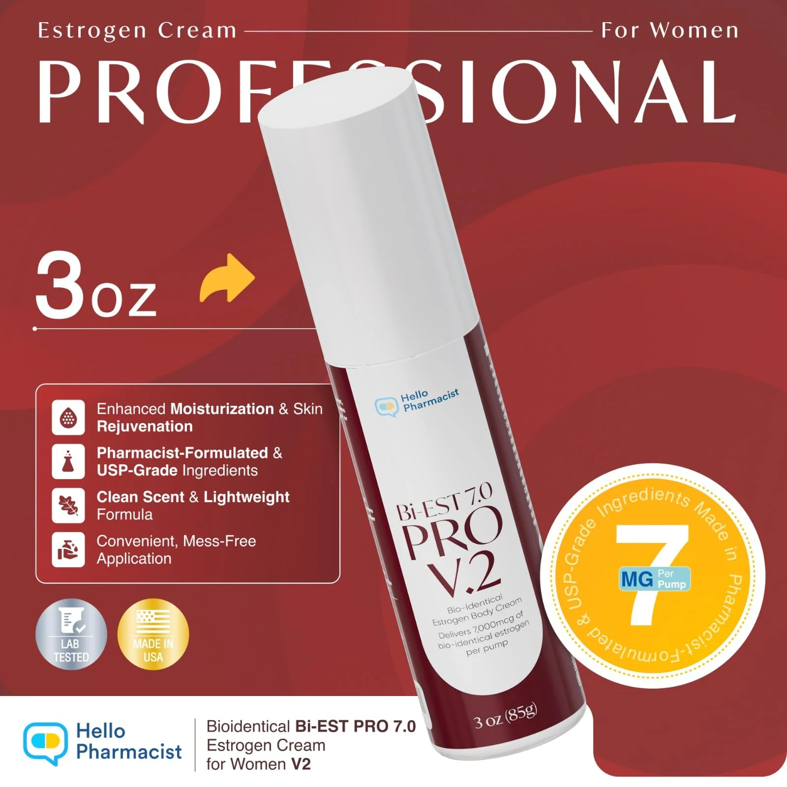 HelloPharmacist BiEst 7.0 PRO V2 Bioidentical Estrogen Cream for Women - 90 Pumps - Wild Yam Natural Estrogen Based Body Cream - 3oz - Image 3