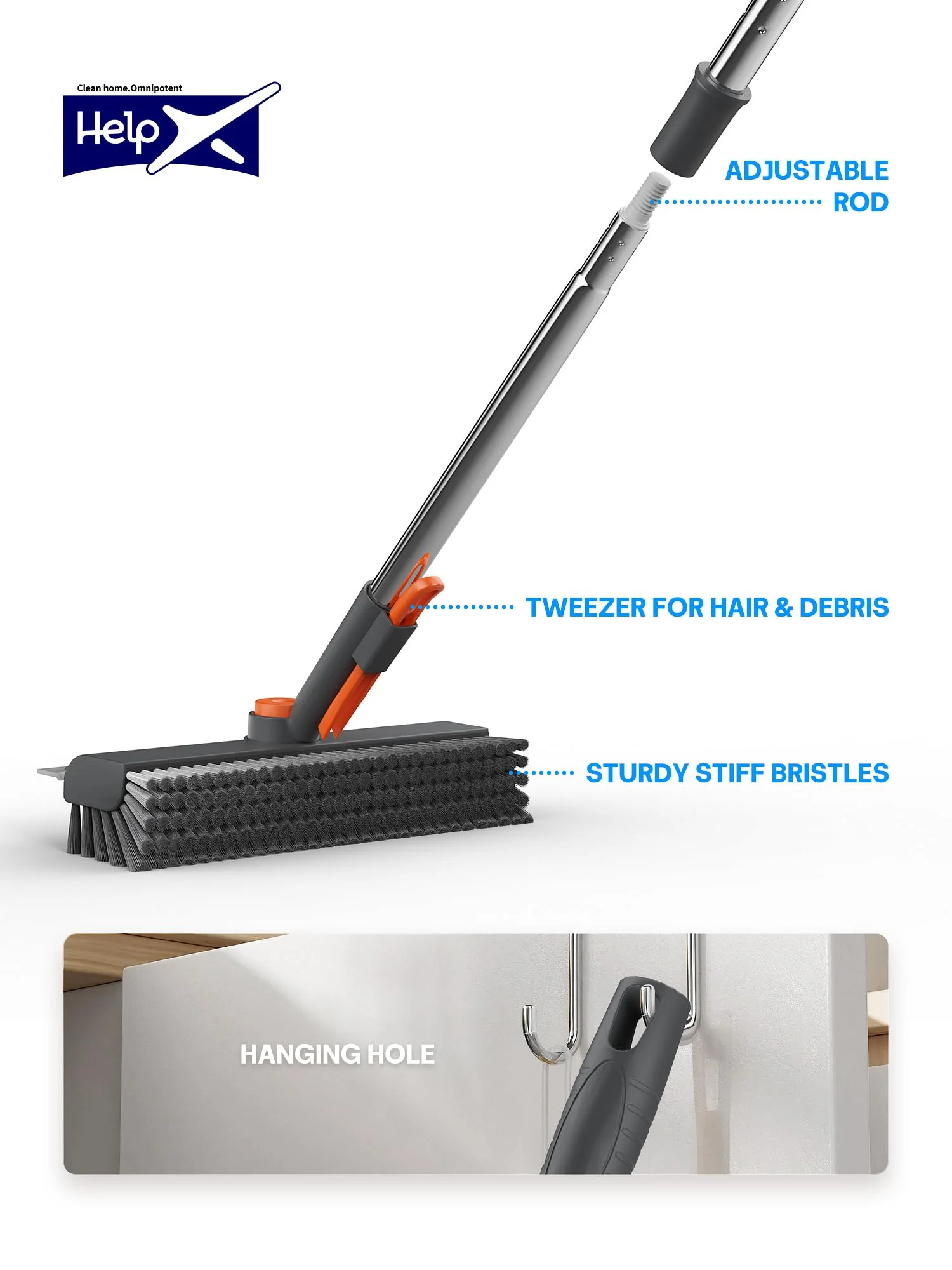 HelpX Floor Scrub Brush with Long Handle, 3 in 1 Multi-angle Swivel Right Angled Bristle Floor Scrubber Brush with Squeegee and Tweezer for Cleaning Tile Wall Deck Bathroom Patio Garage Kitchen (Grey) - Image 3