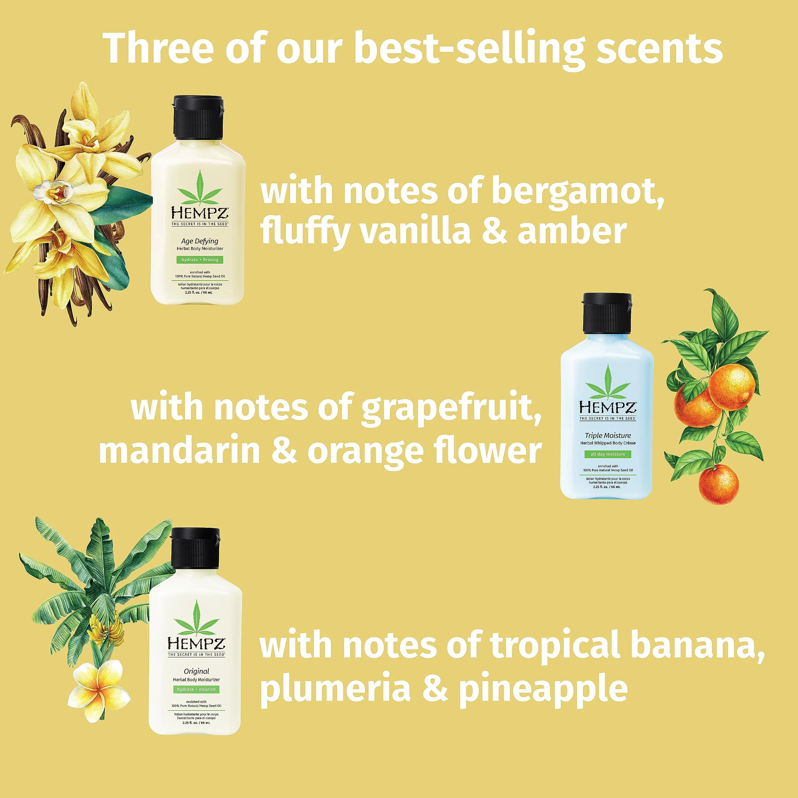 Hempz Healthy Hydration Triple Moisture, Age Defying, & Original (2.25 Oz, 3-Pack) Body Moisturizing Lotion Gift Set – Mini Scented Travel Cream Skin Care for Women & Men, Made with Shea Butter - Image 3