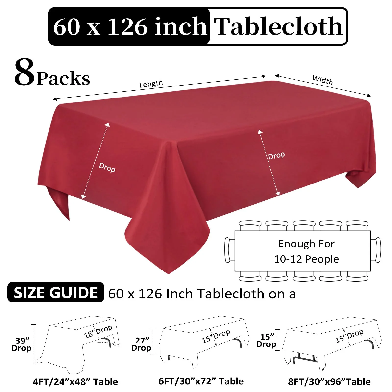 Heneger CozRhythm 8 Pack Red Tablecloth 60 x 126 Inch Rectangular Table Cloth for 8 Foot Rectangle Tables, Wrinkle Resistant Washable Polyester Fabric for Christmas Buffet Wedding Party - Image 5