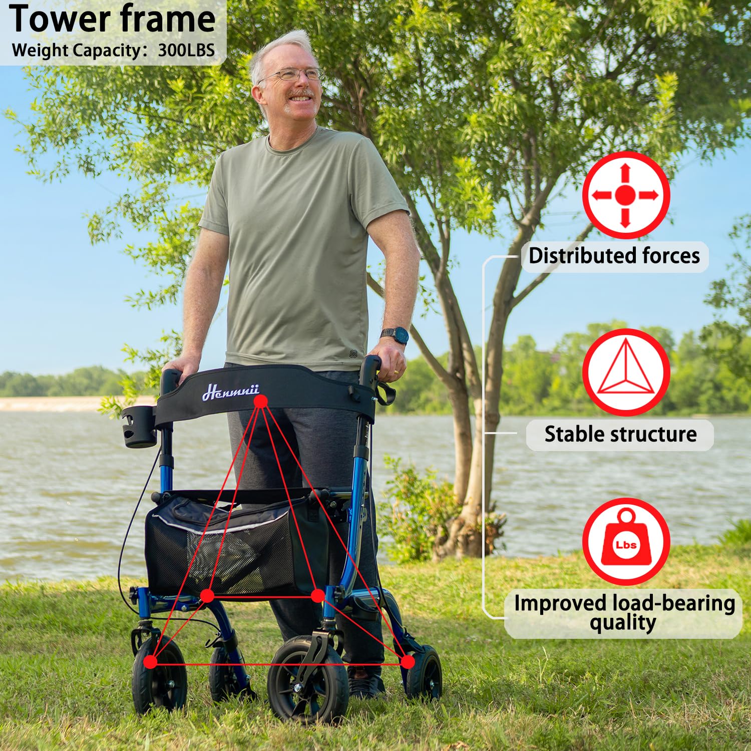 Henmnii Rollator Walker for Seniors, Lightweight Foldable All Terrain Rolling Walker with seat, Aluminum Walkers with 10 inch Rubber Wheels, Handles and Backrest for Seniors and Adult - Image 3