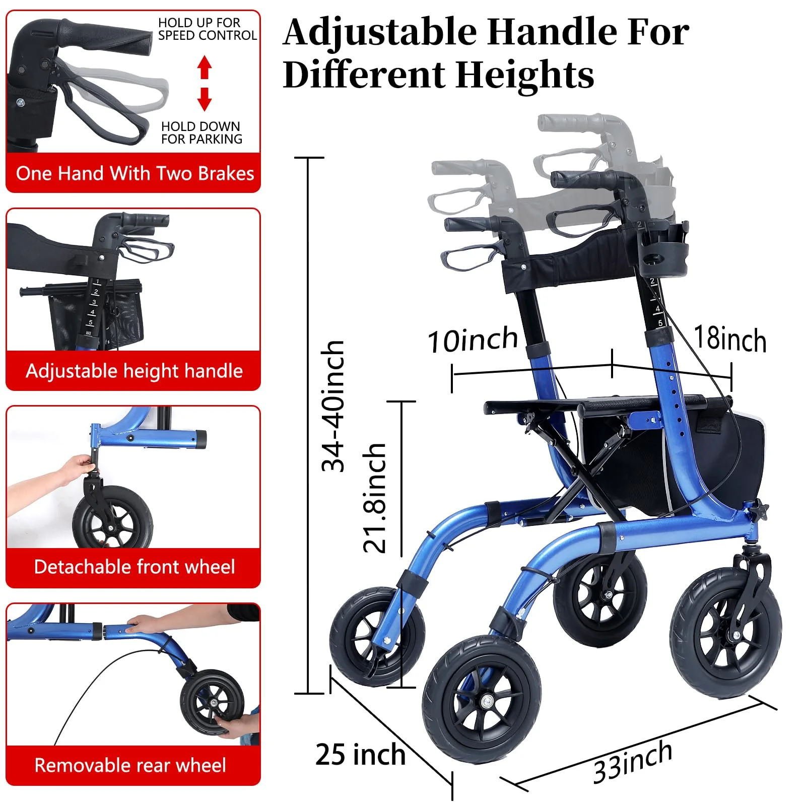 Henmnii Rollator Walker for Seniors, Lightweight Foldable All Terrain Rolling Walker with seat, Aluminum Walkers with 10 inch Rubber Wheels, Handles and Backrest for Seniors and Adult - Image 6
