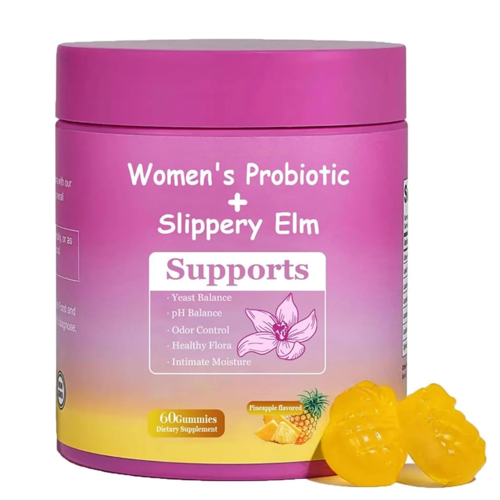 Her Juicy Feminine Probiotics Gummies for Women | Pineapple Flavor | Supports pH Balance, Gut Health & Immune System | with Slippery Elm, Prebiotics & Lactobacillus Blend | 60 Gummies (1pc)
