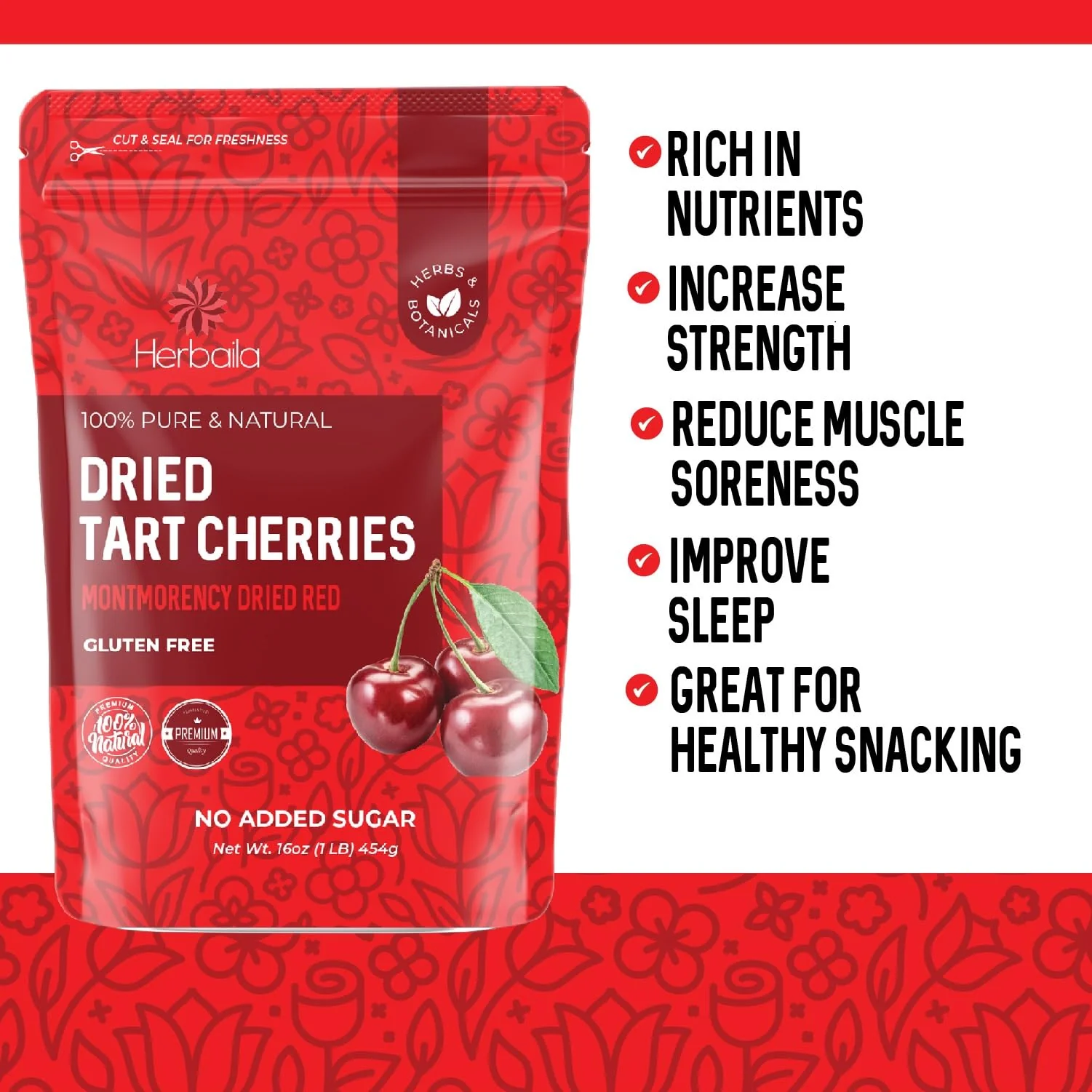 Herbaila Dried Cherries Tart Cherry, Montmorency Tart Cherries, Dried Sour Cherries Fresh, Montmorency Dried Tart Cherries, Dried Cherries, All-Natural Whole Sour Cherry (1lb) - Image 3