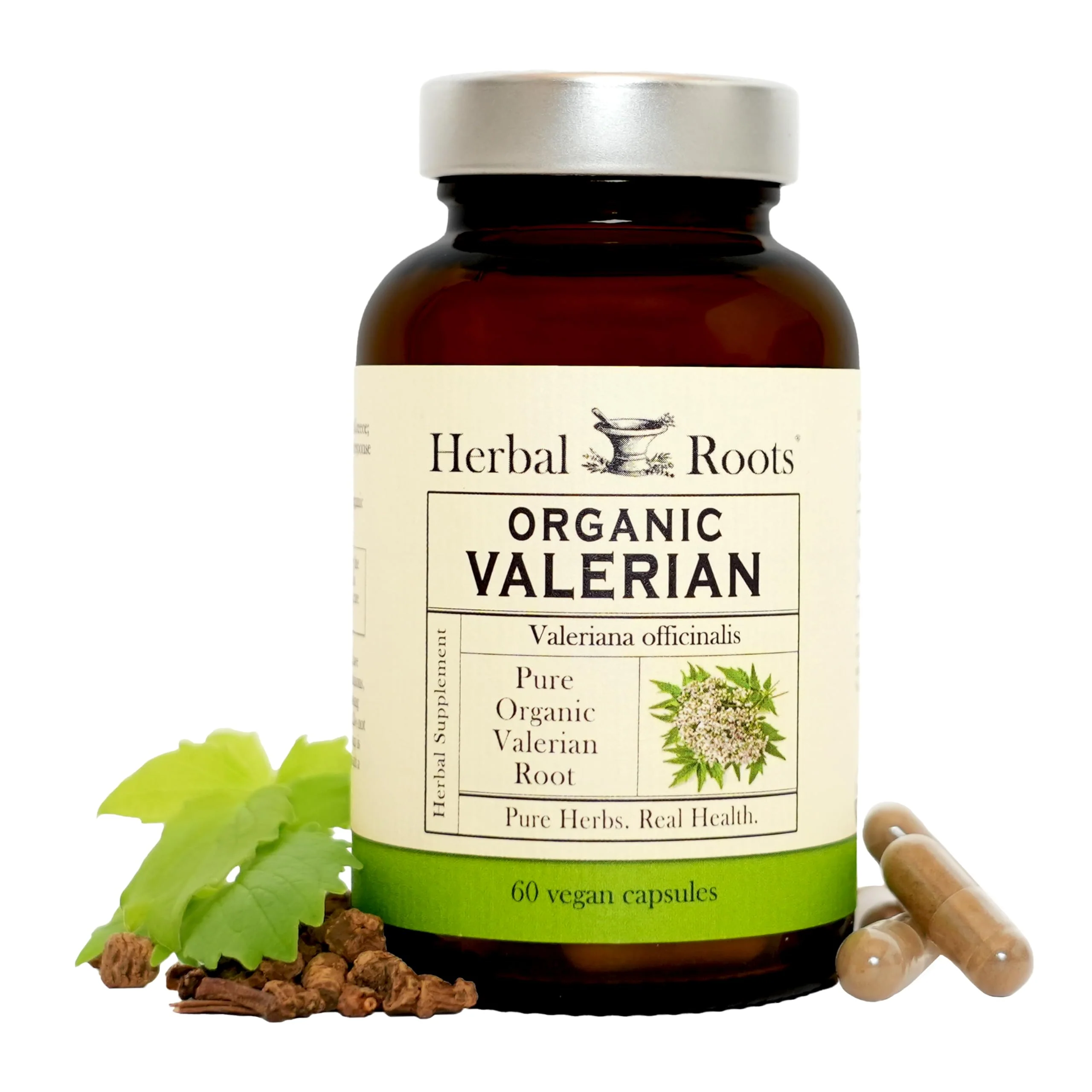 Herbal Roots Pure Organic Valerian Root Capsules - 900 mg - Non-Habit Forming with no Melatonin, Non-GMO - 60 Count Vegan Capsules, Herbal Supplement