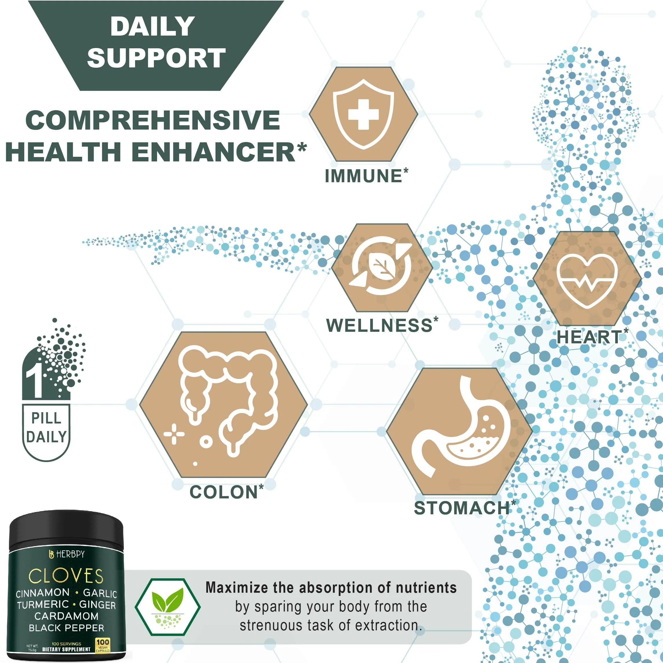 Herbpy 7in1 Clove Supplement Rich in Vitamins & Minerals Supports Digestion, Immune & Heart Health with Cinnamon, Turmeric, Ginger, Cardamom, Garlic & Black Pepper - 100 Vegan Capsules - Image 6