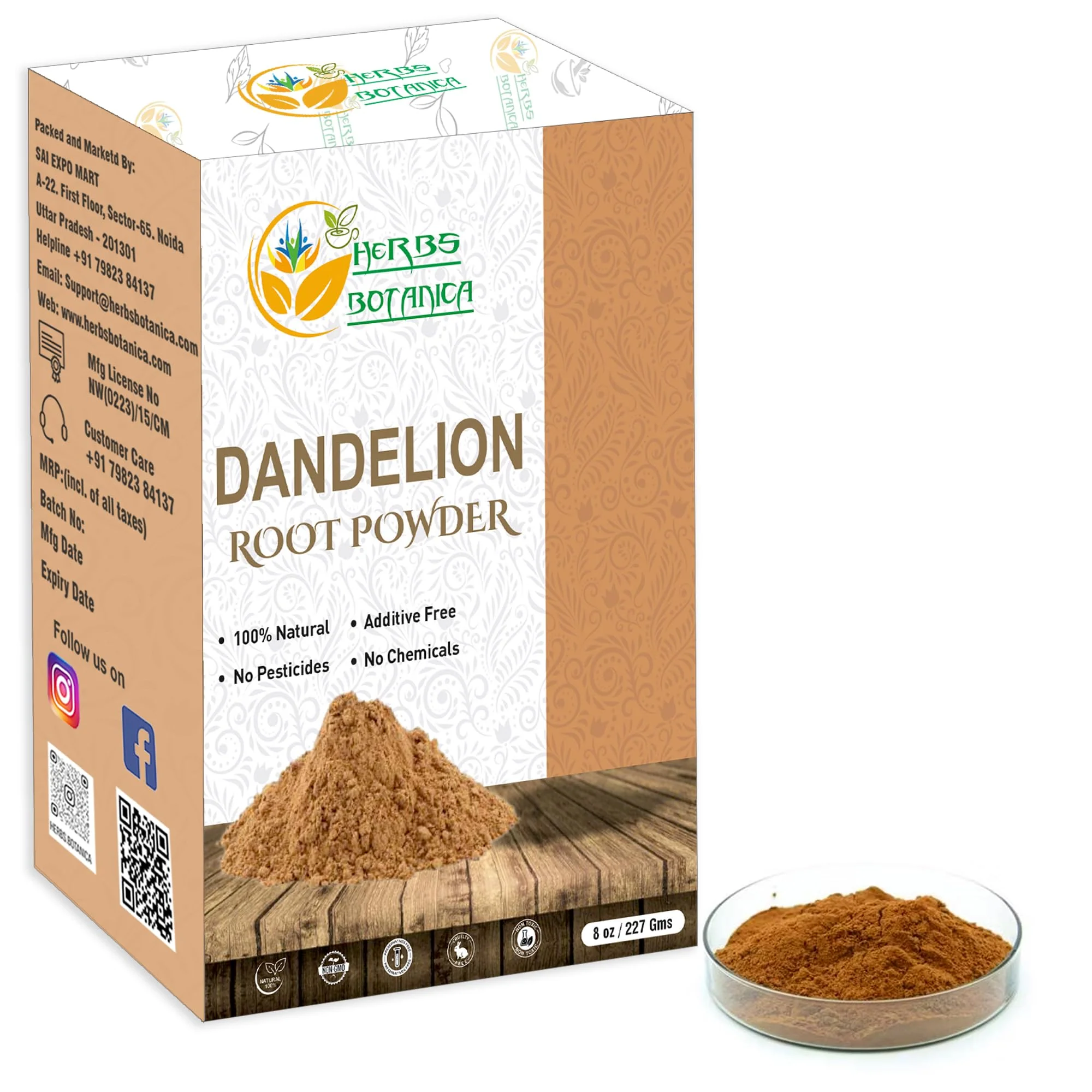Herbs Botanica Dandelion Root Powder 100% Natural Dandelion Root for Herbal Tea, Detox & Wellness – Finely Ground, Additive-Free Vegan Supplement – 8 oz Resealable Pack