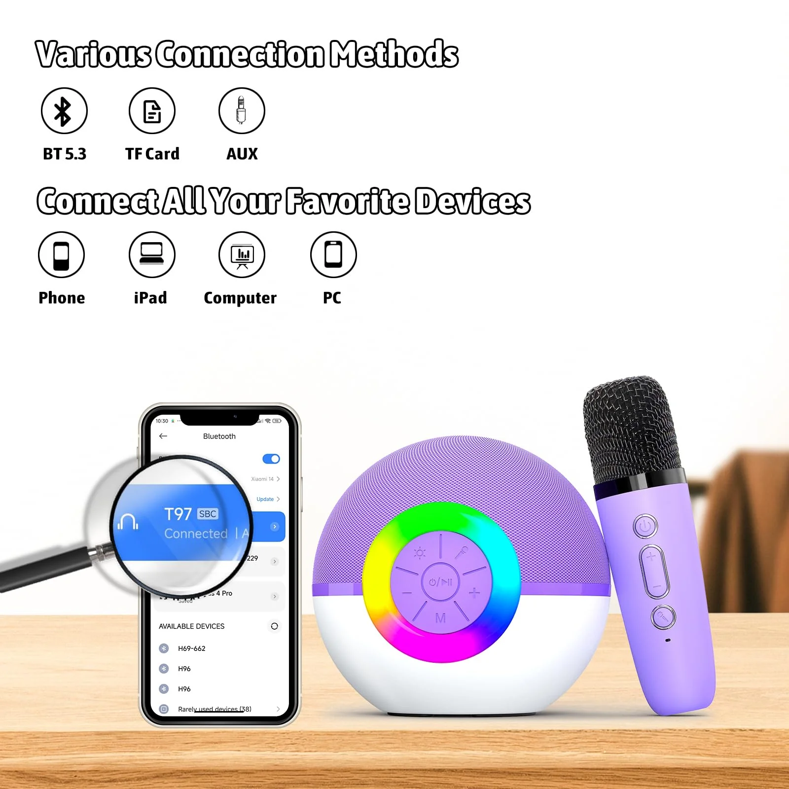 Heroange Karaoke Microphone Machine Toys for Kids Adults, Mini Portable Bluetooth Speaker with 2 Wireless Mics, Christmas Birthday Gifts for Boys Girls Ages 3 4 5 6 7 8 9 10 11 12+ Year (Purple) - Image 8