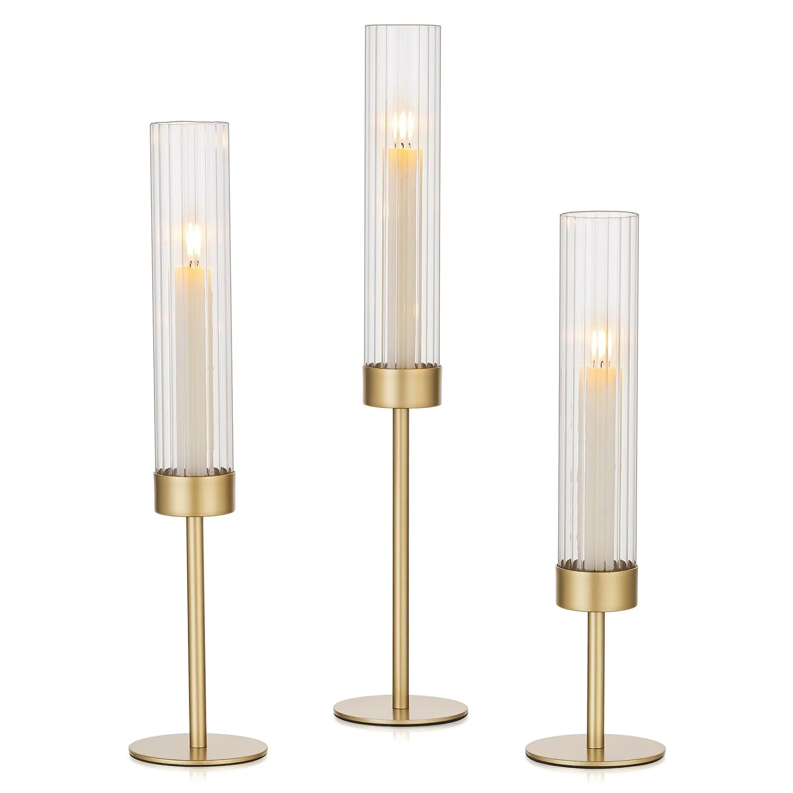 Hewory Gold Hurricane Candle Holders: Brass Candlestick Holders Set of 3 Tall Taper Candle Holders for Candlesticks Candle Sticks Holder Decor for Table Centerpiece Wedding Party Christmas Decorations