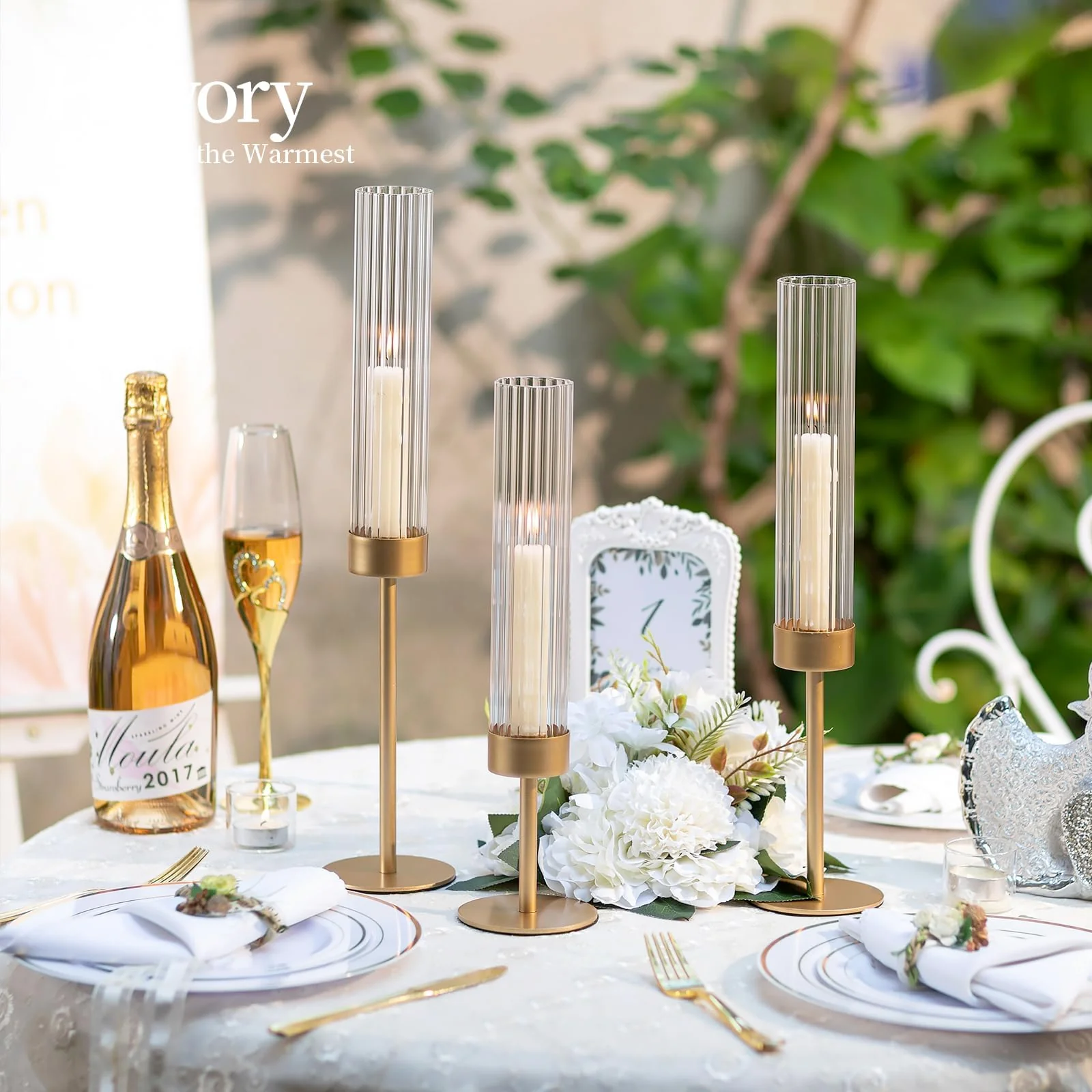 Hewory Gold Hurricane Candle Holders: Brass Candlestick Holders Set of 3 Tall Taper Candle Holders for Candlesticks Candle Sticks Holder Decor for Table Centerpiece Wedding Party Christmas Decorations - Image 5