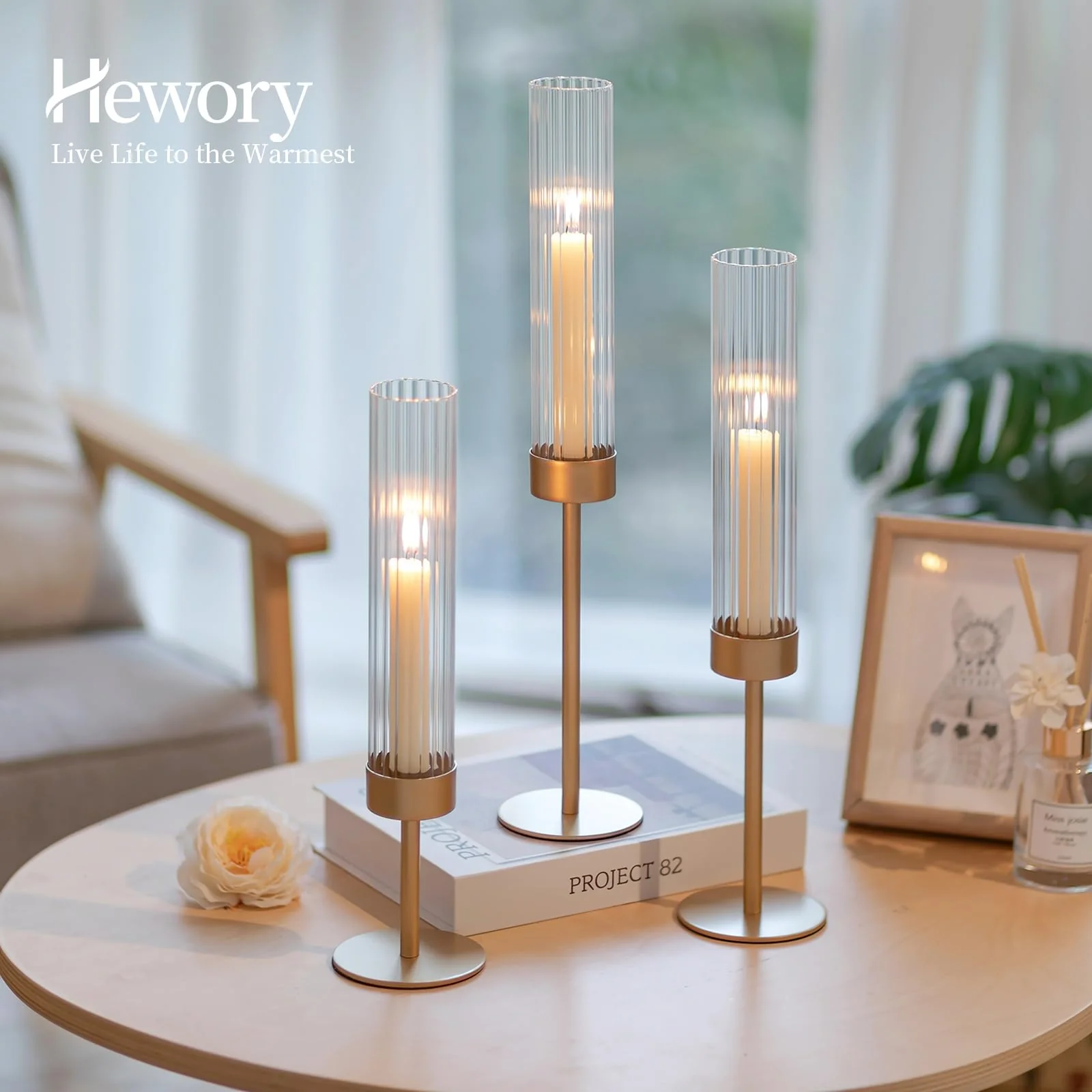 Hewory Gold Hurricane Candle Holders: Brass Candlestick Holders Set of 3 Tall Taper Candle Holders for Candlesticks Candle Sticks Holder Decor for Table Centerpiece Wedding Party Christmas Decorations - Image 6