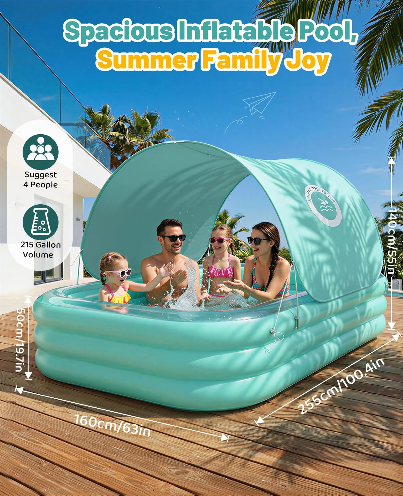 HeySplash Inflatable Pool with Canopy, Swimming Pool for Adults, Large Blow Up Pool Ideal for Family Backyard Garden Party, Outdoor Summer Fun, 102" x 65" x 22"(Green) - Image 6