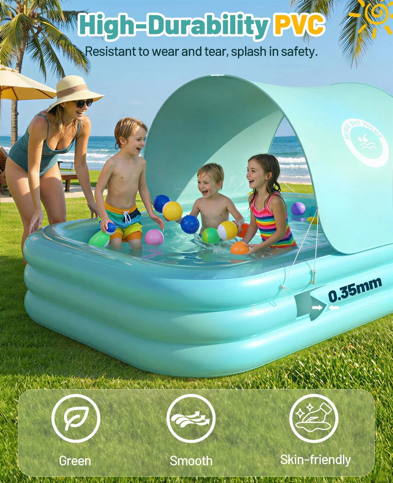 HeySplash Inflatable Pool with Canopy, Swimming Pool for Adults, Large Blow Up Pool Ideal for Family Backyard Garden Party, Outdoor Summer Fun, 102" x 65" x 22"(Green) - Image 7