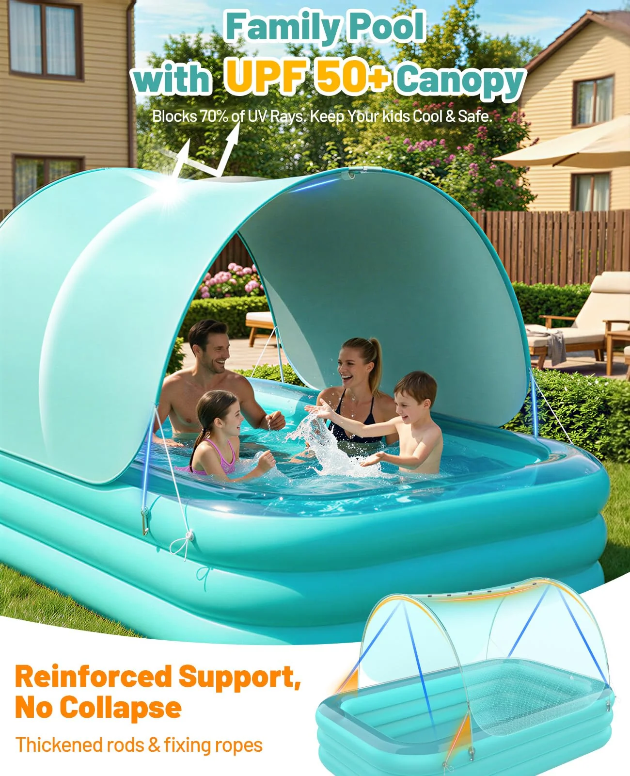 HeySplash Inflatable Pool with Canopy, Swimming Pool for Adults, Large Blow Up Pool Ideal for Family Backyard Garden Party, Outdoor Summer Fun, 102" x 65" x 22"(Green) - Image 8