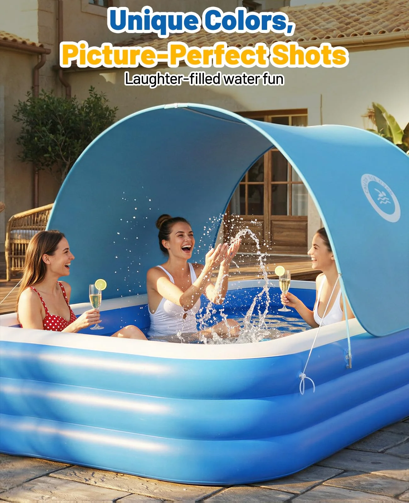 HeySplash Inflatable Pool with Canopy, Swimming Pool for Adults, Large Blow Up Pool Ideal for Family Backyard Garden Party, Outdoor Summer Fun, 118" x 69" x 24"(Blue) - Image 3
