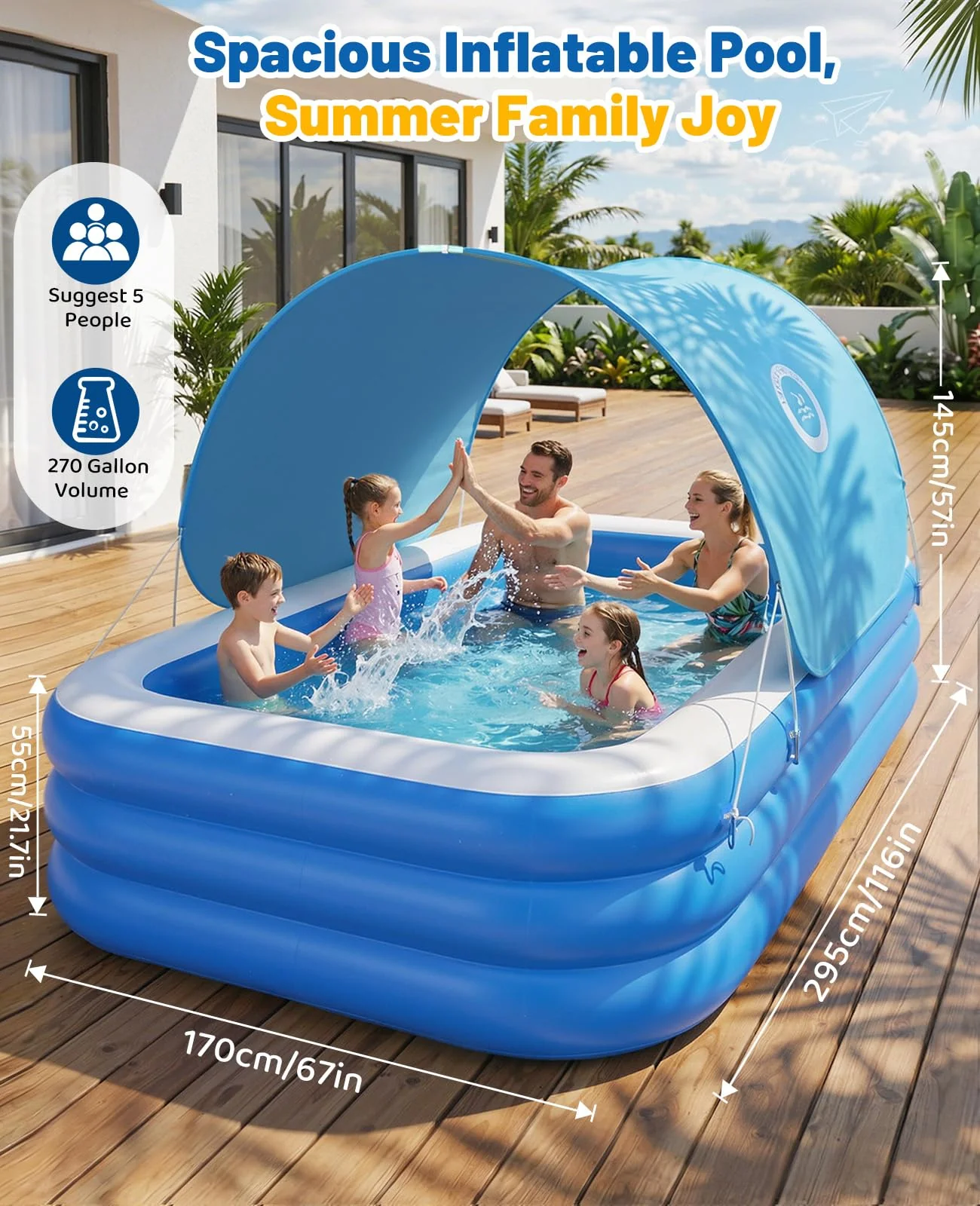 HeySplash Inflatable Pool with Canopy, Swimming Pool for Adults, Large Blow Up Pool Ideal for Family Backyard Garden Party, Outdoor Summer Fun, 118" x 69" x 24"(Blue) - Image 6