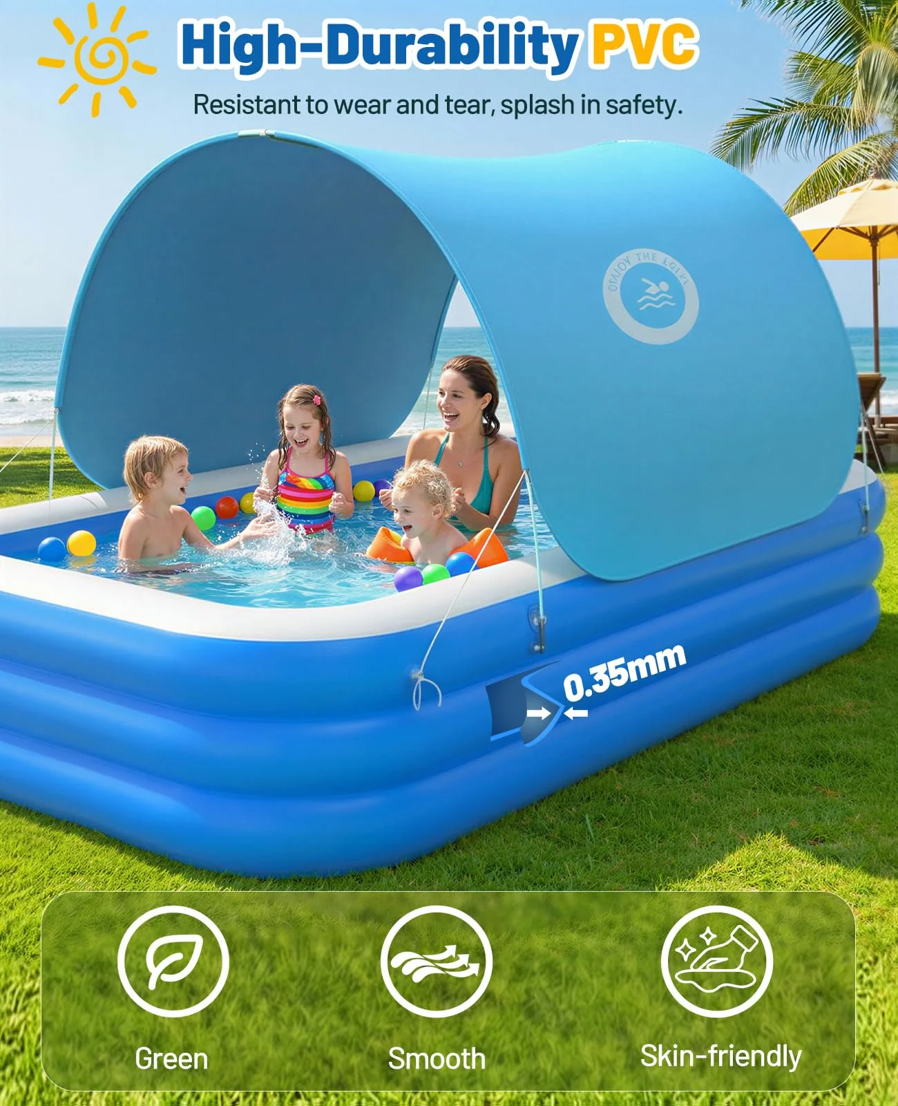HeySplash Inflatable Pool with Canopy, Swimming Pool for Adults, Large Blow Up Pool Ideal for Family Backyard Garden Party, Outdoor Summer Fun, 118" x 69" x 24"(Blue) - Image 7
