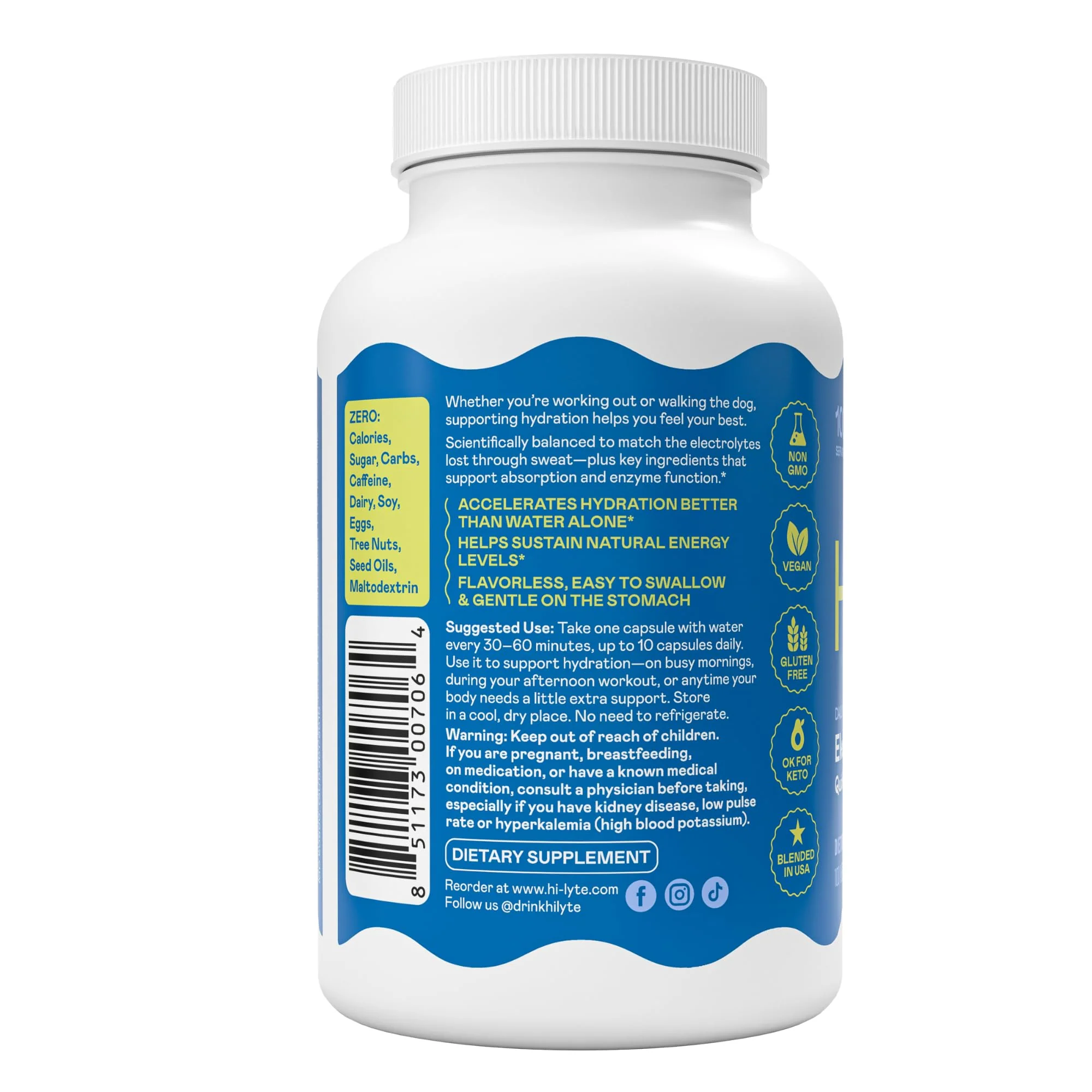 Hi-Lyte Unflavored Electrolyte Capsules - Hydration Support Supplement Tablets - Sodium, Potassium, Magnesium - 100 Servings - Image 3