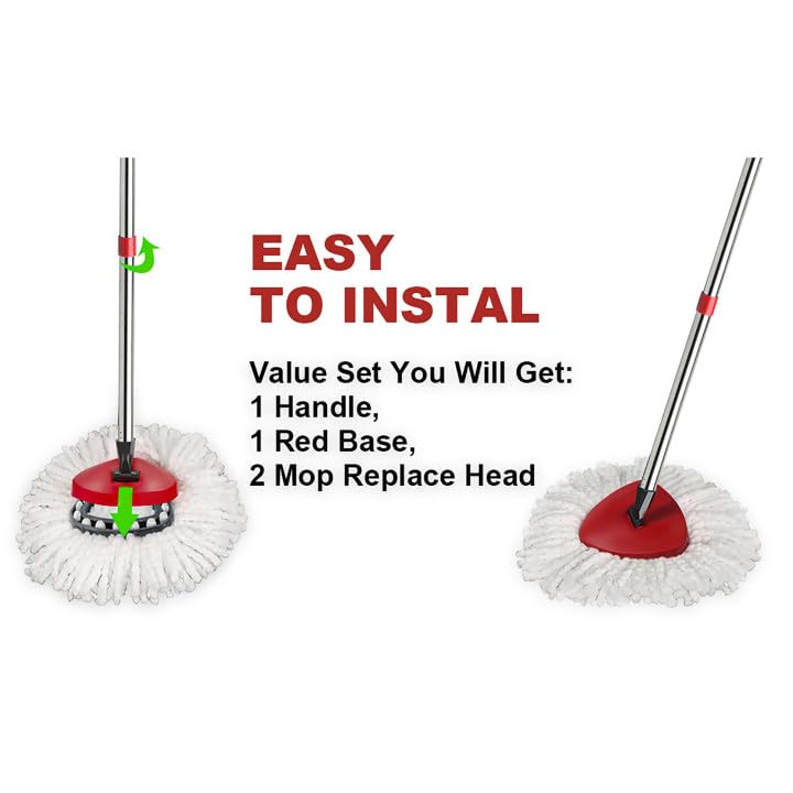 Hibaby 2 Spin Mop Head Replacement, 1 Base, 1 Mop Handle (30-58in) Combo Mops Set Compatible with OCedar EasyWring RinseClean Microfiber Mops (White (1-Tank System)) - Image 2