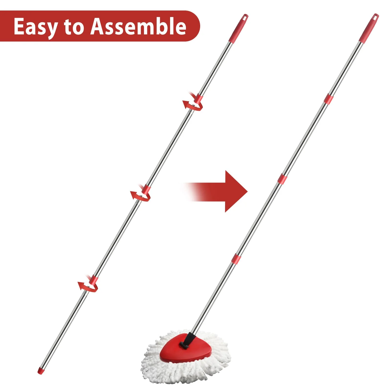 Hibaby 2 Spin Mop Head Replacement, 1 Base, 1 Mop Handle (30-58in) Combo Mops Set Compatible with OCedar EasyWring RinseClean Microfiber Mops (White (1-Tank System)) - Image 6