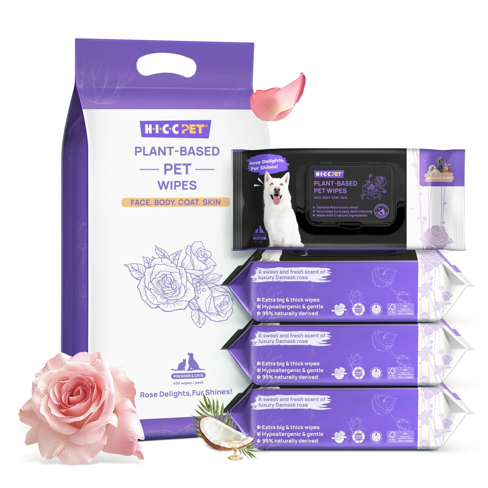 HICC PET Cleaning Deodorizing Wipes for Dogs & Cats, Vet Recommended Plant-Based Pet Grooming Wipes, Fermented Coconut Oil Grooming Paws, Body and Butt, Family Size Supply 400 Count, Rose - Image 2