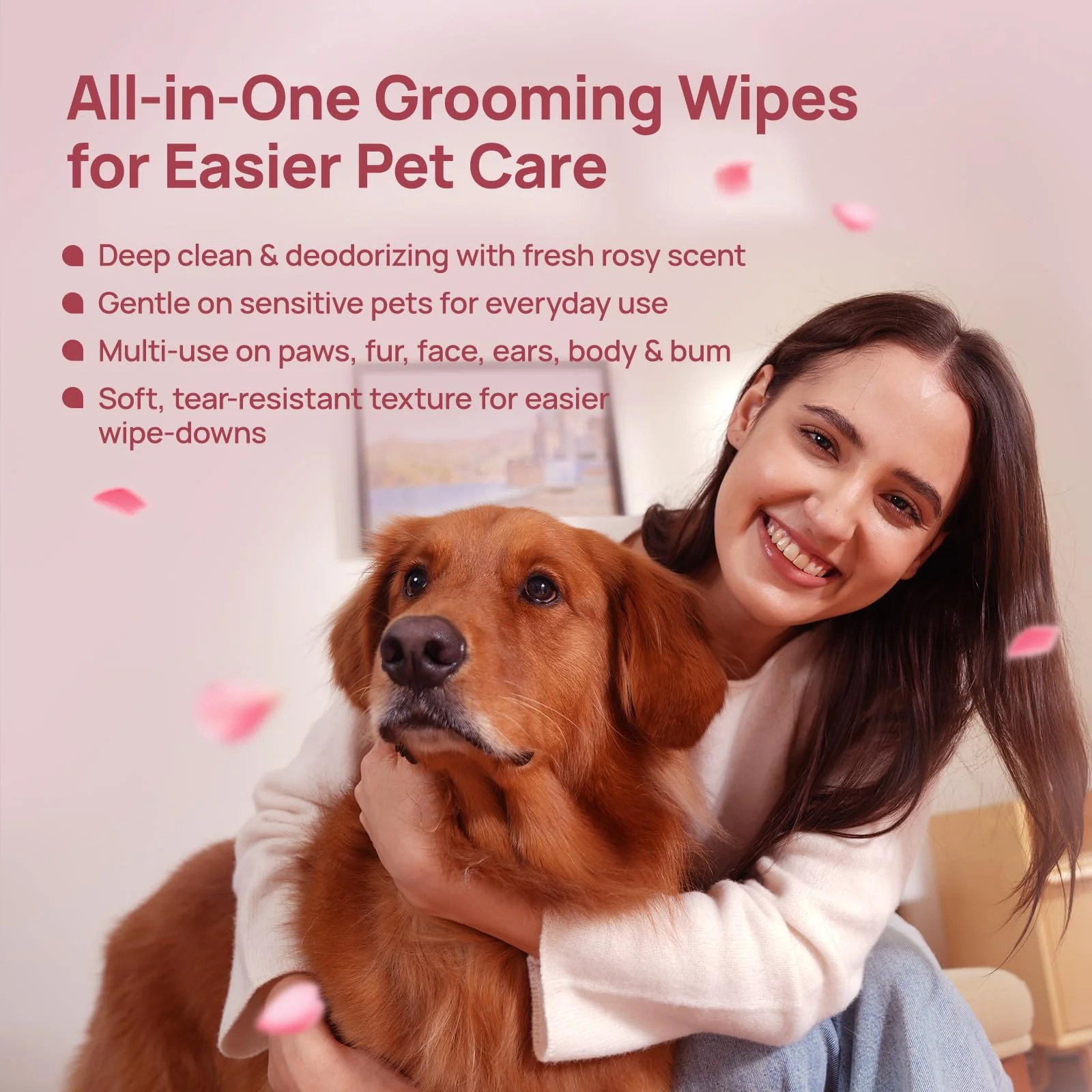HICC PET Cleaning Deodorizing Wipes for Dogs & Cats, Vet Recommended Plant-Based Pet Grooming Wipes, Fermented Coconut Oil Grooming Paws, Body and Butt, Family Size Supply 400 Count, Rose - Image 3