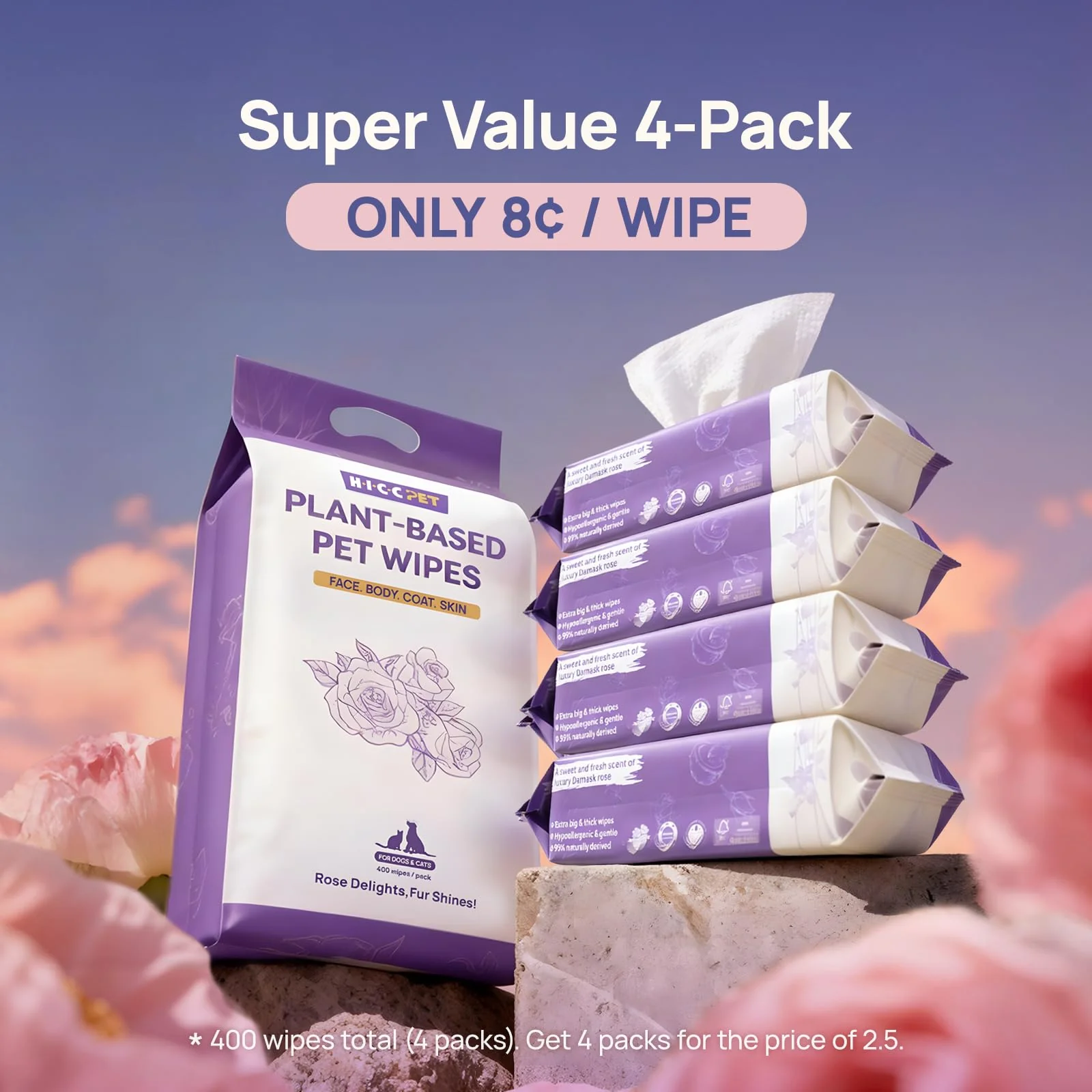 HICC PET Cleaning Deodorizing Wipes for Dogs & Cats, Vet Recommended Plant-Based Pet Grooming Wipes, Fermented Coconut Oil Grooming Paws, Body and Butt, Family Size Supply 400 Count, Rose - Image 6
