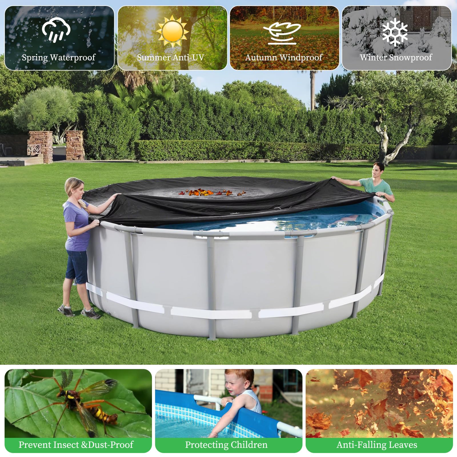 HIGHTQURO 15Ft Round Pool Cover,Heavy Duty Waterproof Round Pool Covers for Above Ground Pools with Ground Nails and Windproof Ropes,Increase Stability&Tear-Resistant, Waterproof and Dustproof, Black - Image 2