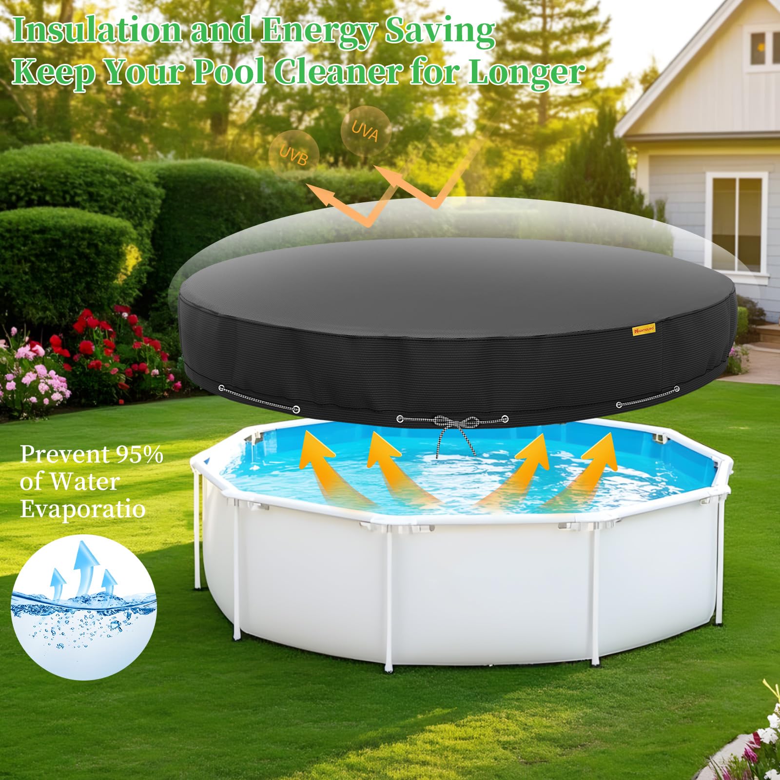 HIGHTQURO 15Ft Round Pool Cover,Heavy Duty Waterproof Round Pool Covers for Above Ground Pools with Ground Nails and Windproof Ropes,Increase Stability&Tear-Resistant, Waterproof and Dustproof, Black - Image 3