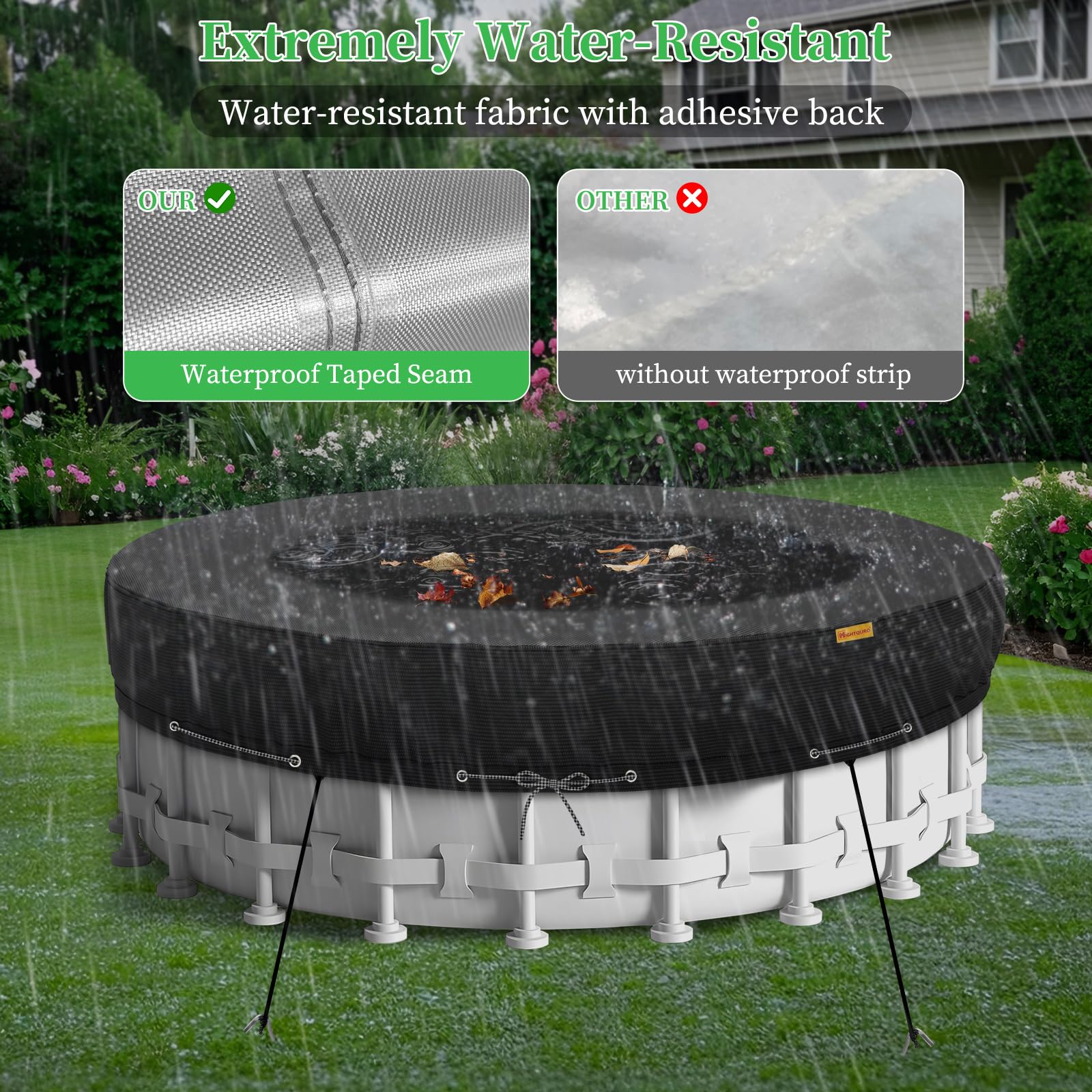 HIGHTQURO 15Ft Round Pool Cover,Heavy Duty Waterproof Round Pool Covers for Above Ground Pools with Ground Nails and Windproof Ropes,Increase Stability&Tear-Resistant, Waterproof and Dustproof, Black - Image 4