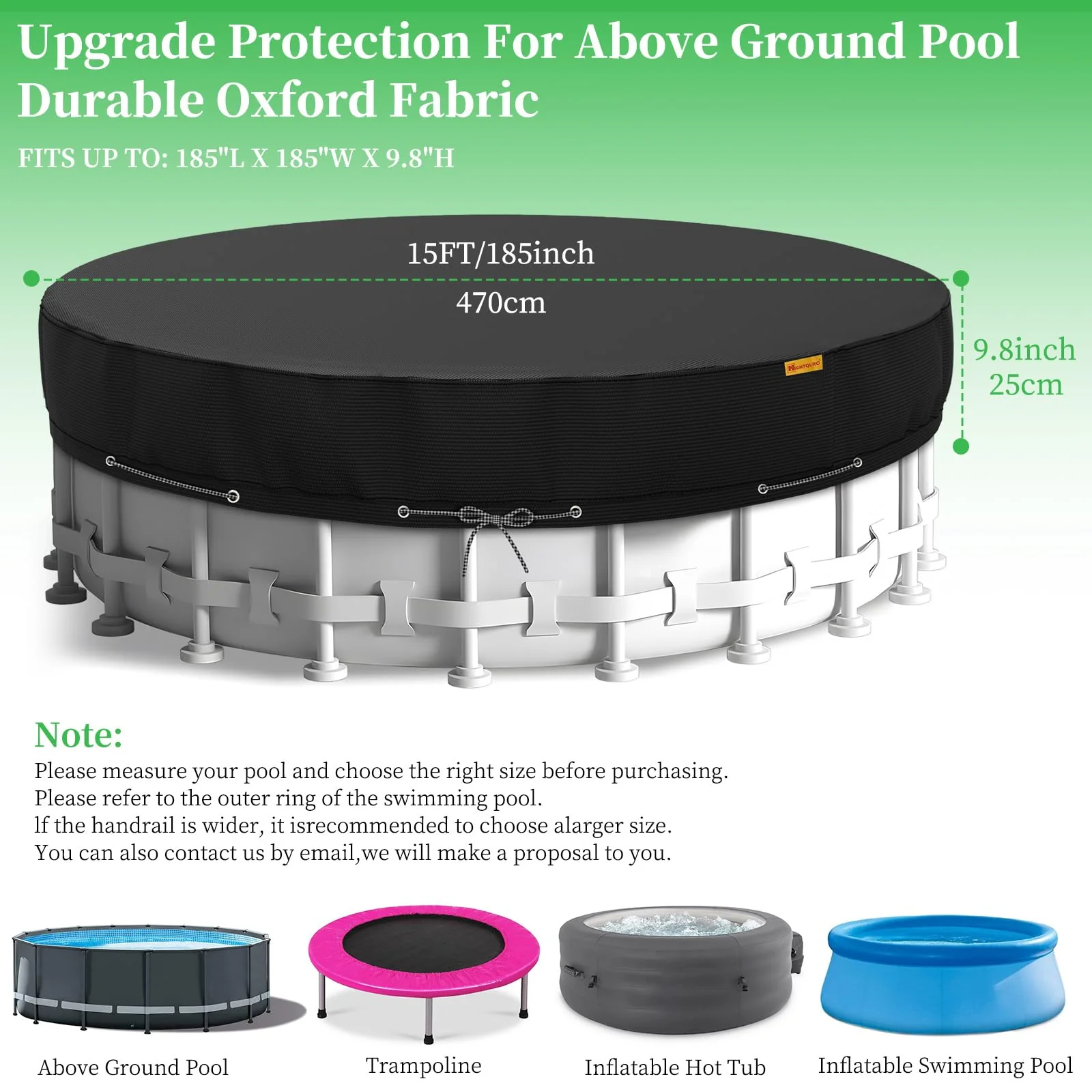 HIGHTQURO 15Ft Round Pool Cover,Heavy Duty Waterproof Round Pool Covers for Above Ground Pools with Ground Nails and Windproof Ropes,Increase Stability&Tear-Resistant, Waterproof and Dustproof, Black - Image 7